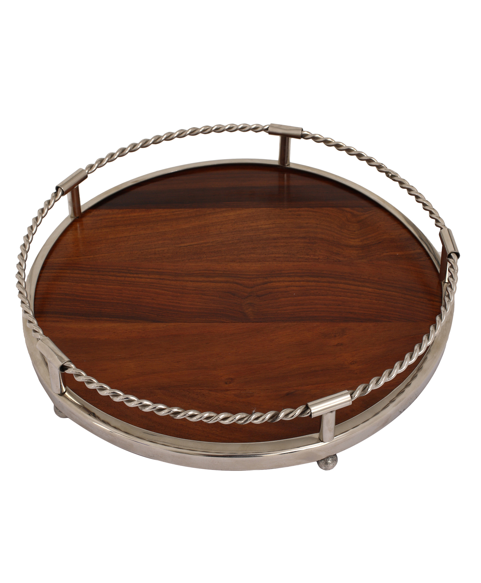 De Maison Décor Brown Wood & Aluminium  Round Sheesham Serving Tray-image-43