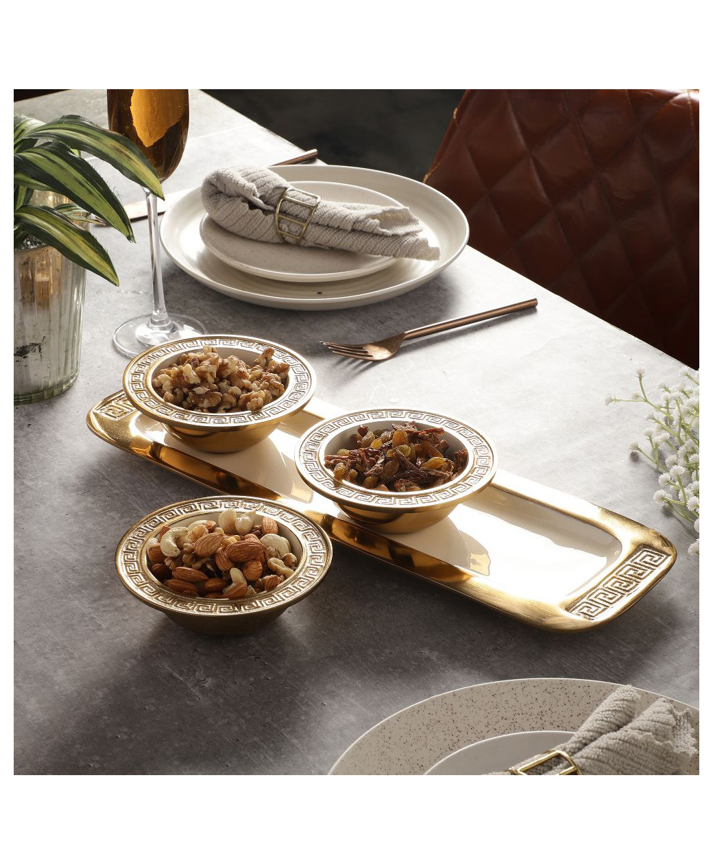 De Maison Decor Versace Design Bowl Tray Set in Ivory Enamle & Gold Finish-picture-41