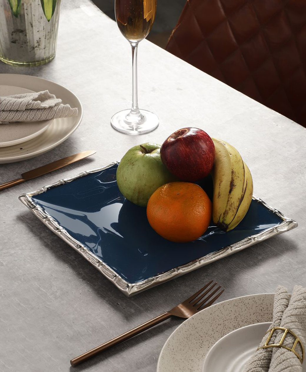 De Maison Decor Alf Vine Square Tray Platter In Blue Enamle Silver Finish-image-32