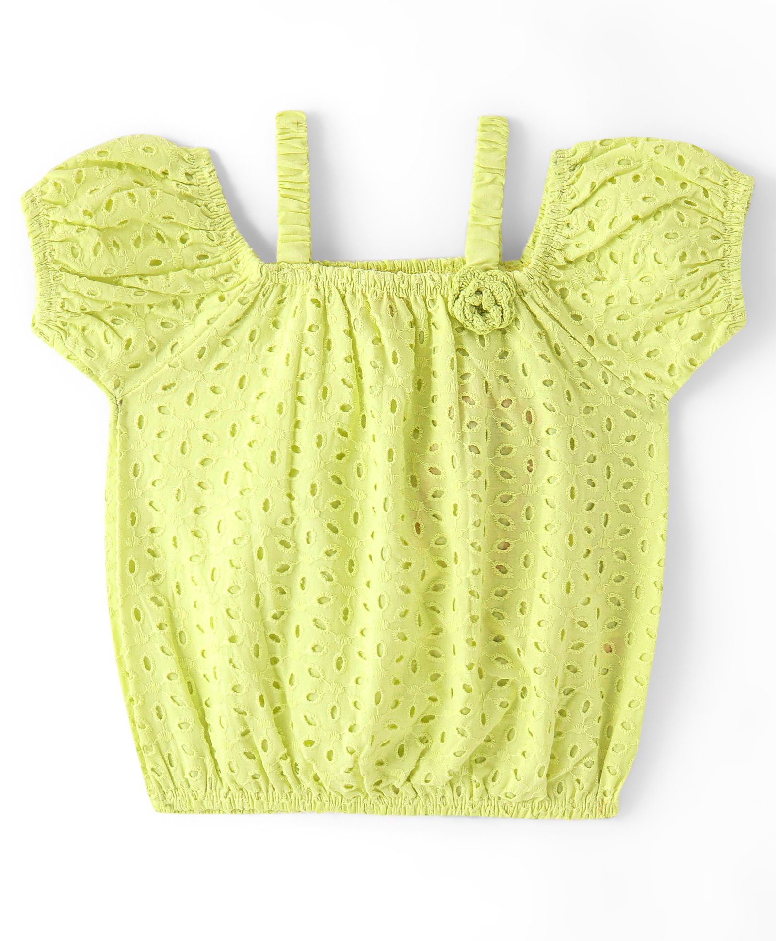 Babyhug Cotton Half Sleeve Schiffli Top With Bow Applique - Lime Green-image-6