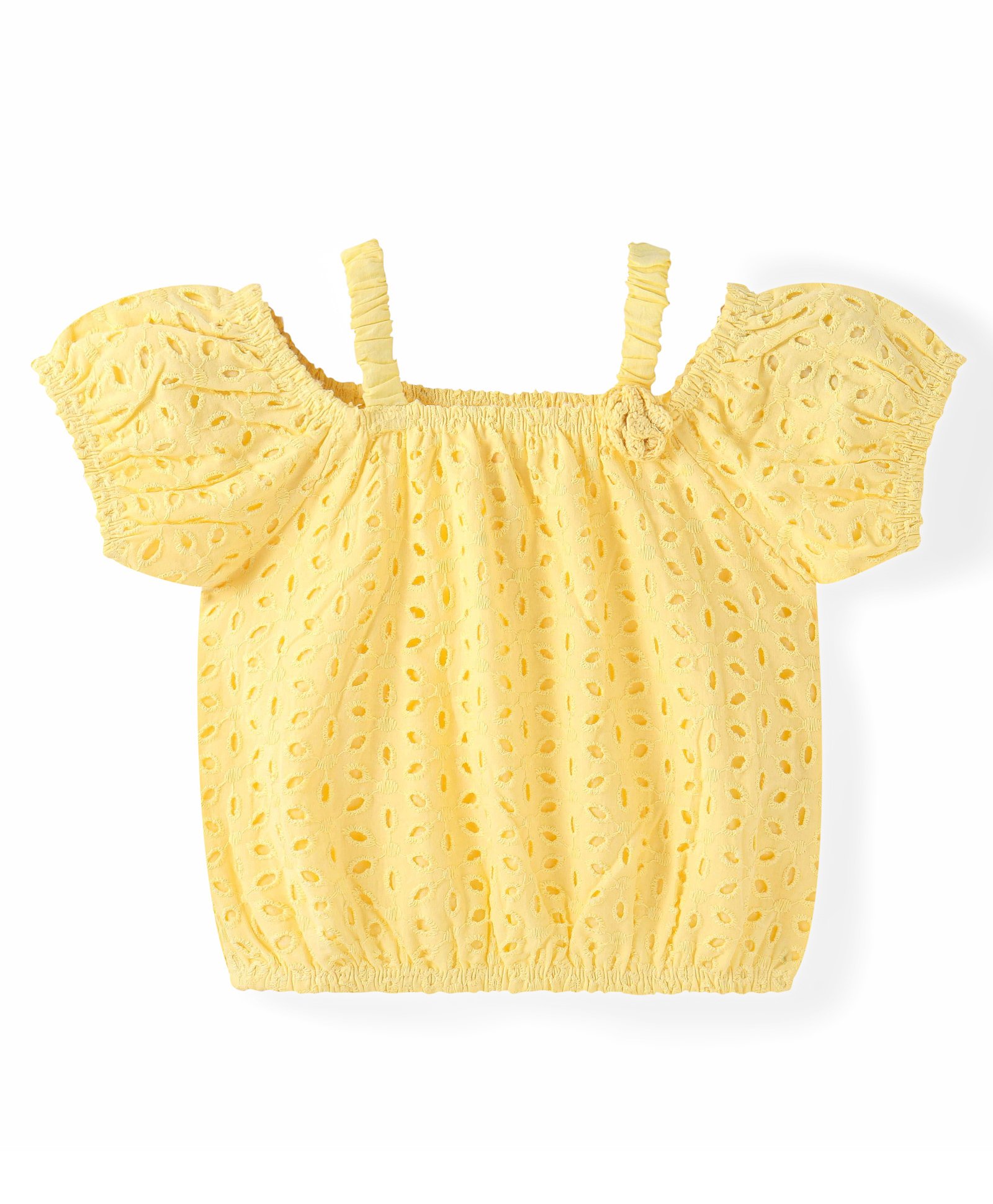 Babyhug Cotton Half Sleeve Schiffli Top With Bow Applique - Yellow-picture-21