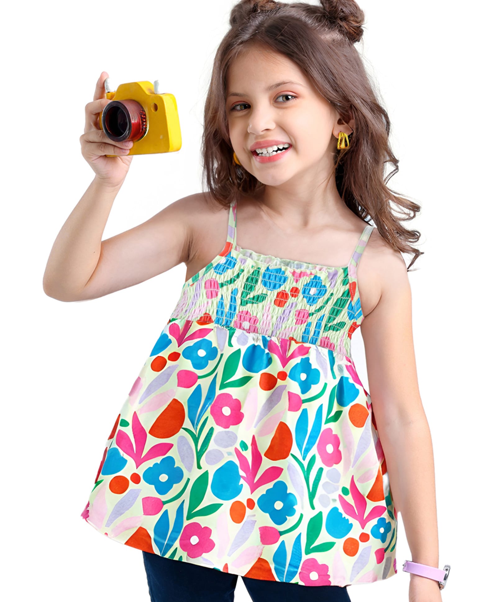 Babyhug Cotton Knit Sleeveless Floral Printed Top with Smocking Detailing - White-image-20