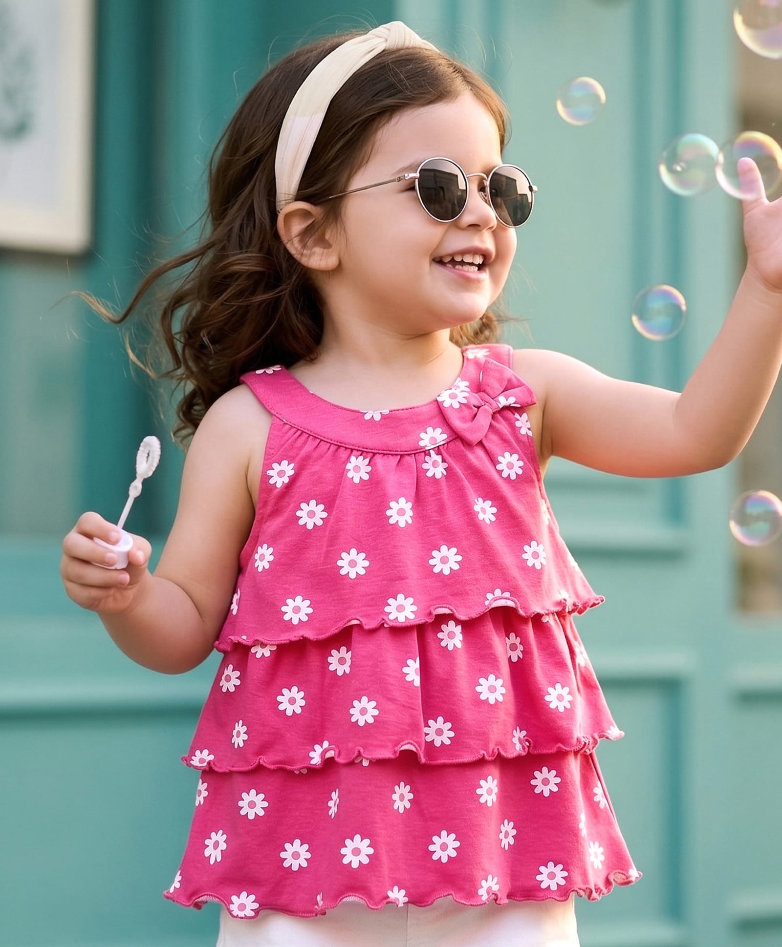 Babyhug Cotton Knit Sleeveless Tiered Top with Floral Print - Pink