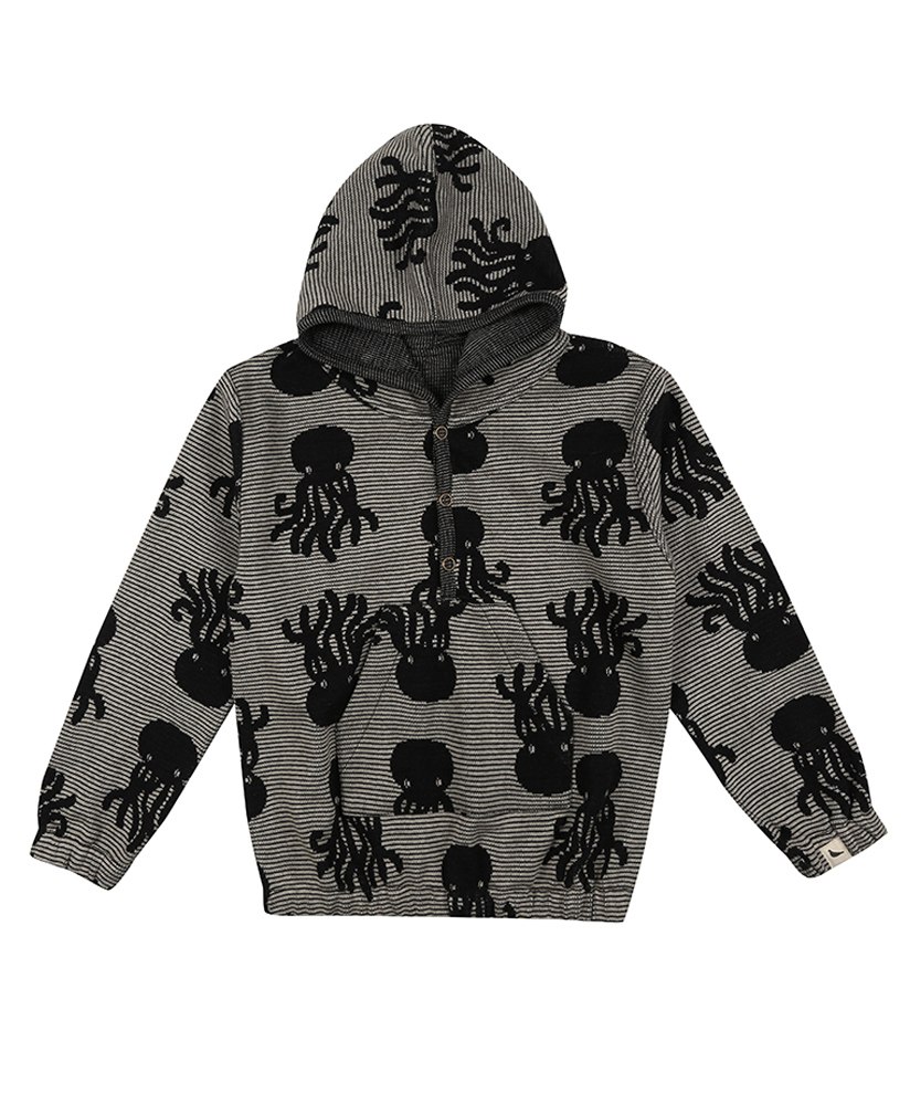 Turtledove London Organic Cotton Knit Full Sleeves Reversible Hooded Sweatshirt Octopus Print - Black & Beige-picture-22