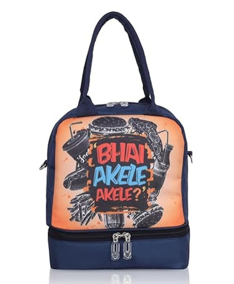 Echo Boomers Blue Bhai Printed Double Layer Insulated Tiffin Lunch Double Bag with Multi Zipper Pockets-image-37