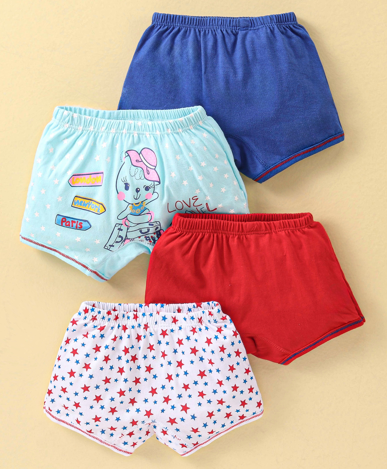 Bodycare Cotton Knit Mid Thigh Shorts Star Print Pack Of 4 - Red Blue & White-image-39