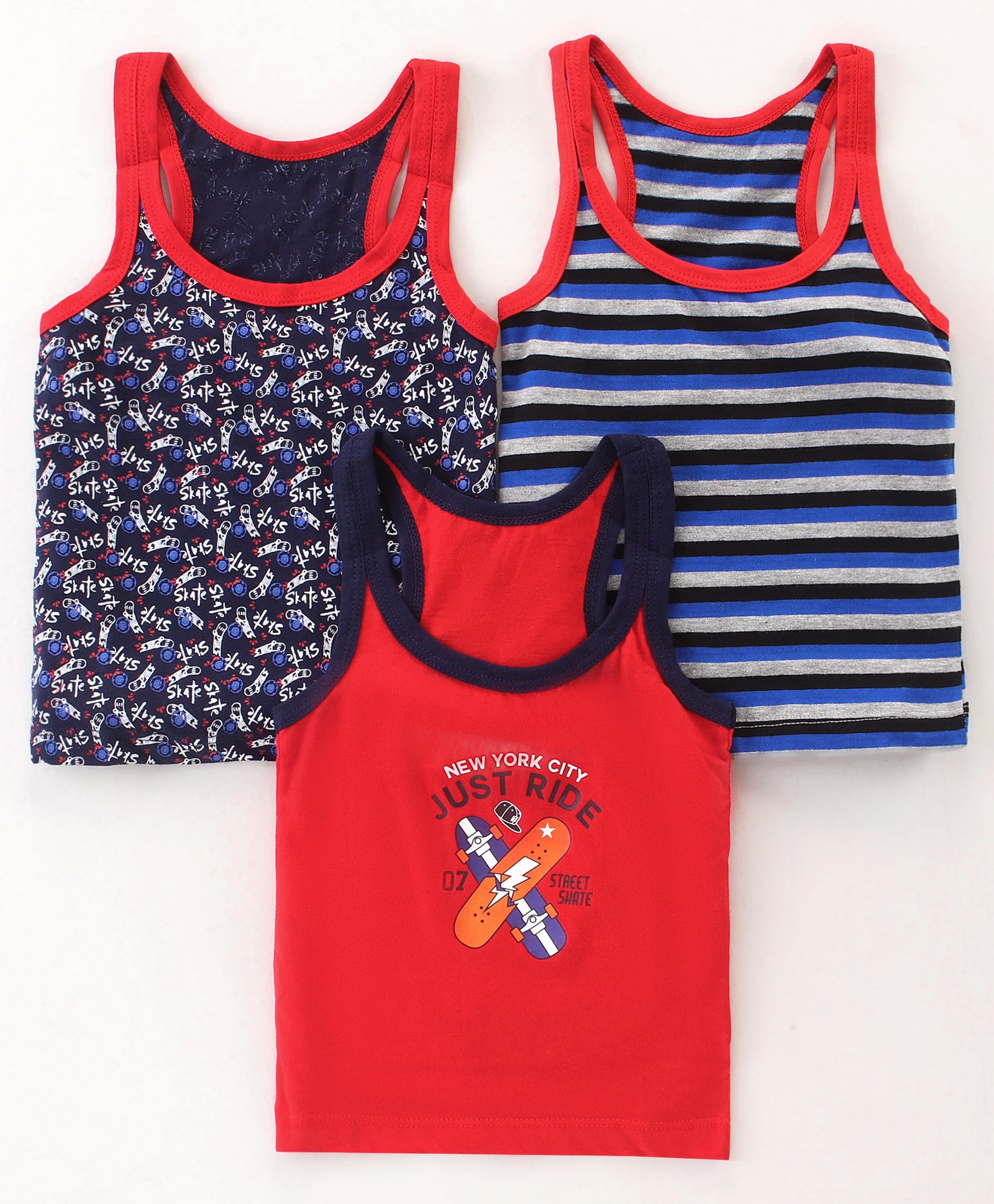 Bodycare Cotton Knit Sleeveless  Striped Vests With Skate Print Pack Of 3 - Multicolor-image-43