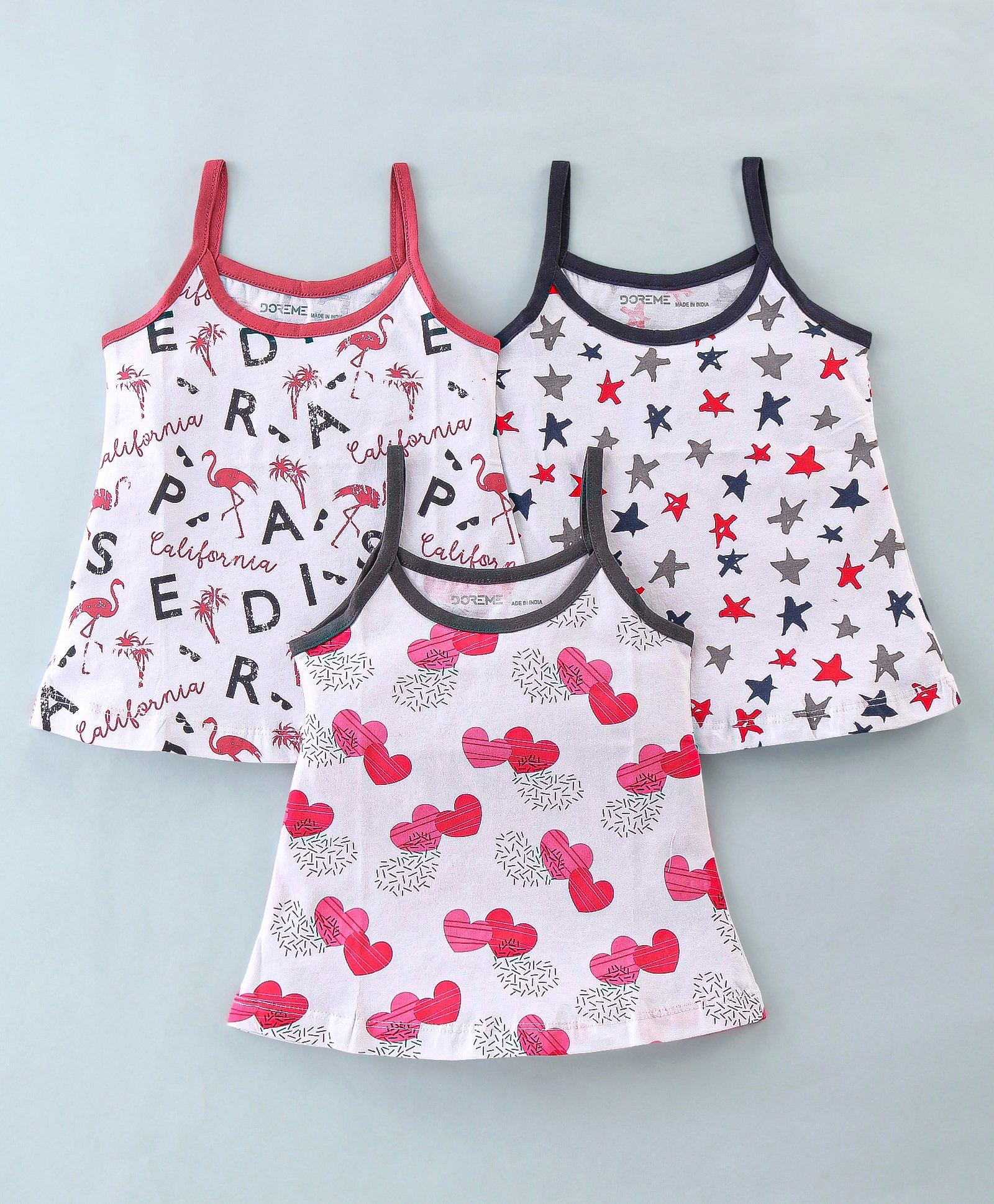 Doreme Cotton Single Jersey Knit Sleeveless Slip Stars & Hearts Print Pack of 3 - Black Grey & Pink-image-29