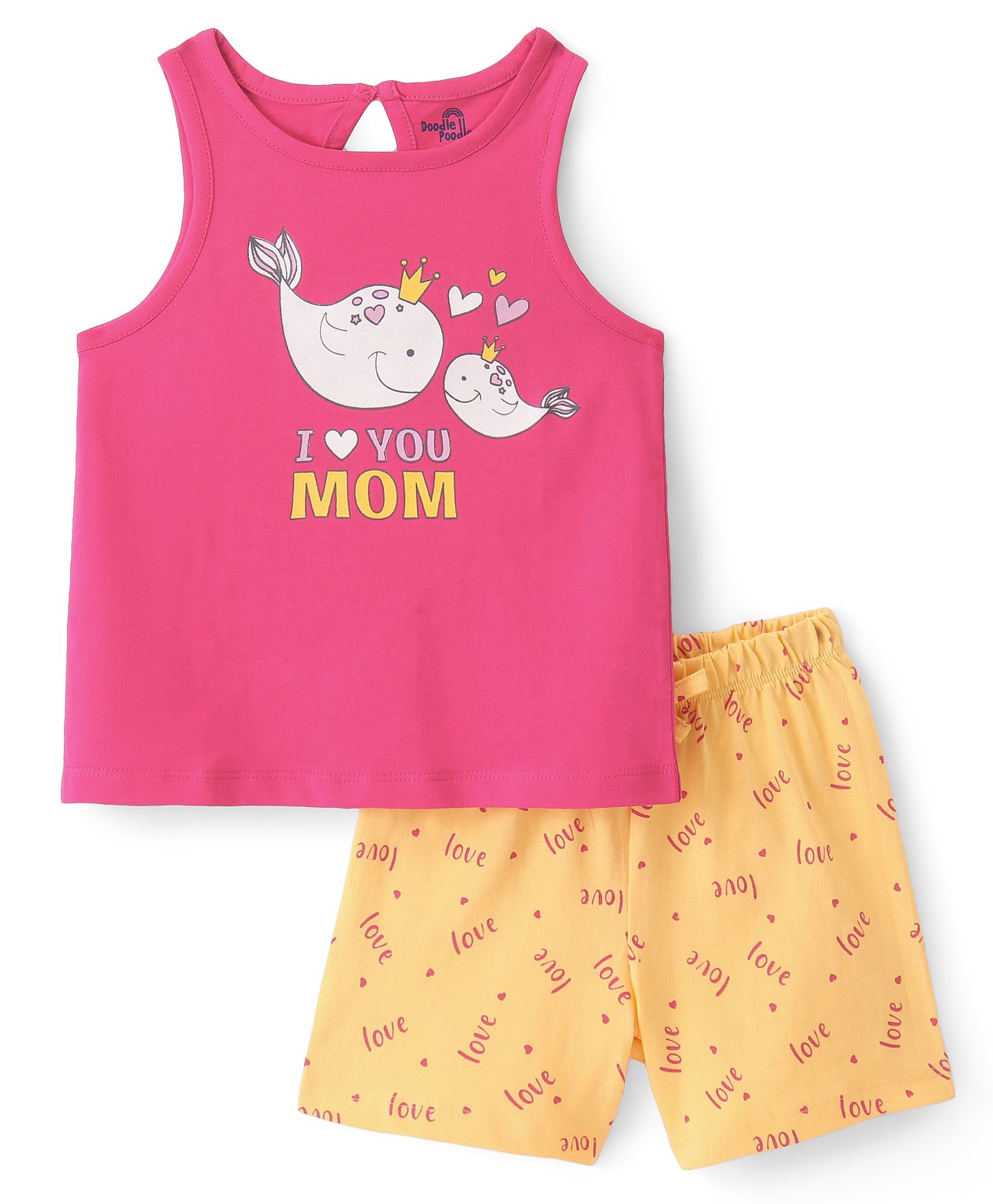 Doodle Poodle 100% Cotton Knit Sleeveless Night Suit With I Love Mom Print - Fuchsia & Yellow-image-21