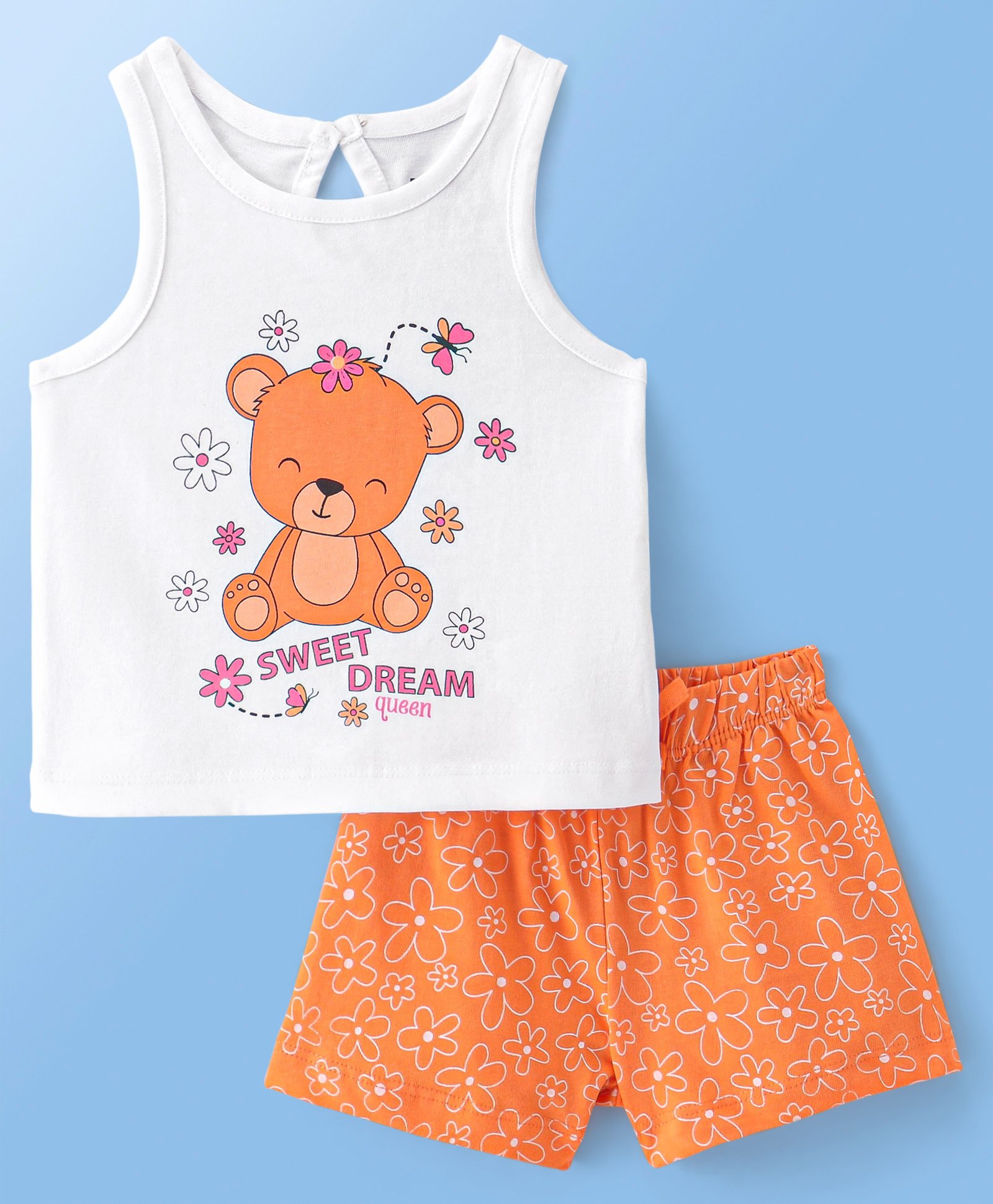 Doodle Poodle 100% Cotton Knit Sleeveless Top & Shorts Set Teddy Print- Bright White & Orange-image-46