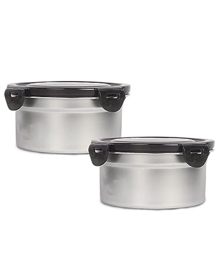 Femora Lunch Box High Steel Round Airtight Storage Container with Lock Lid - 550 ml / 18 Oz, Set of 2-image-17