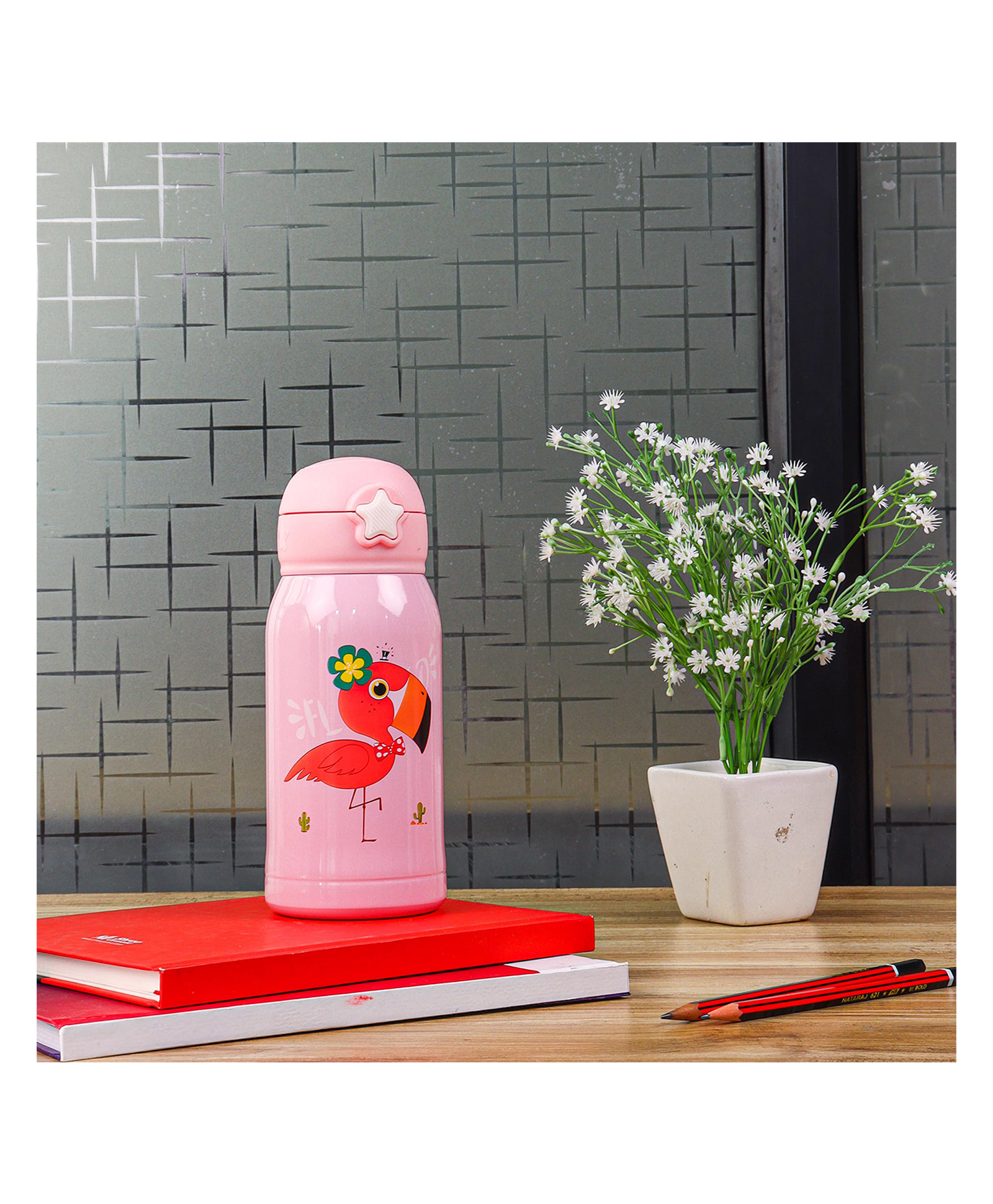 Femora Kids Flamingo Design Hot & Cold Thermosteel Water Bottle Stainless Steel Bottle with Bag Pink -  550 ml-image-45