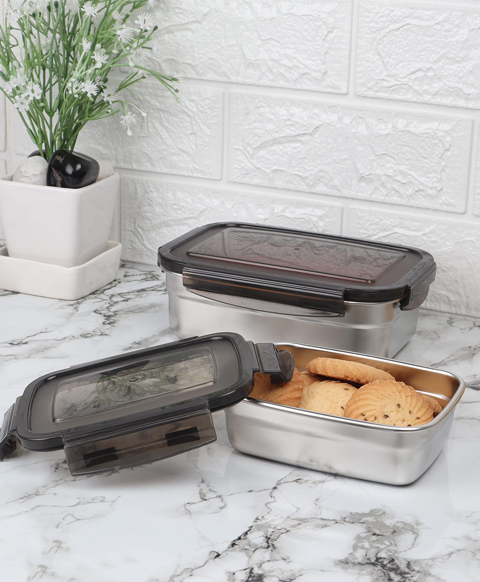 Femora Stainless Steel Rectangle Storage Container With Lock Lid Lunch Box - Set Of 2-image-9