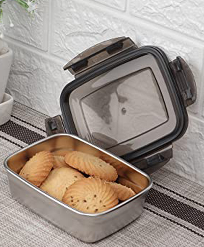 Femora Steel Rectangle Lunch Box, Storage Container with Lock Lid - 350ml-image-13