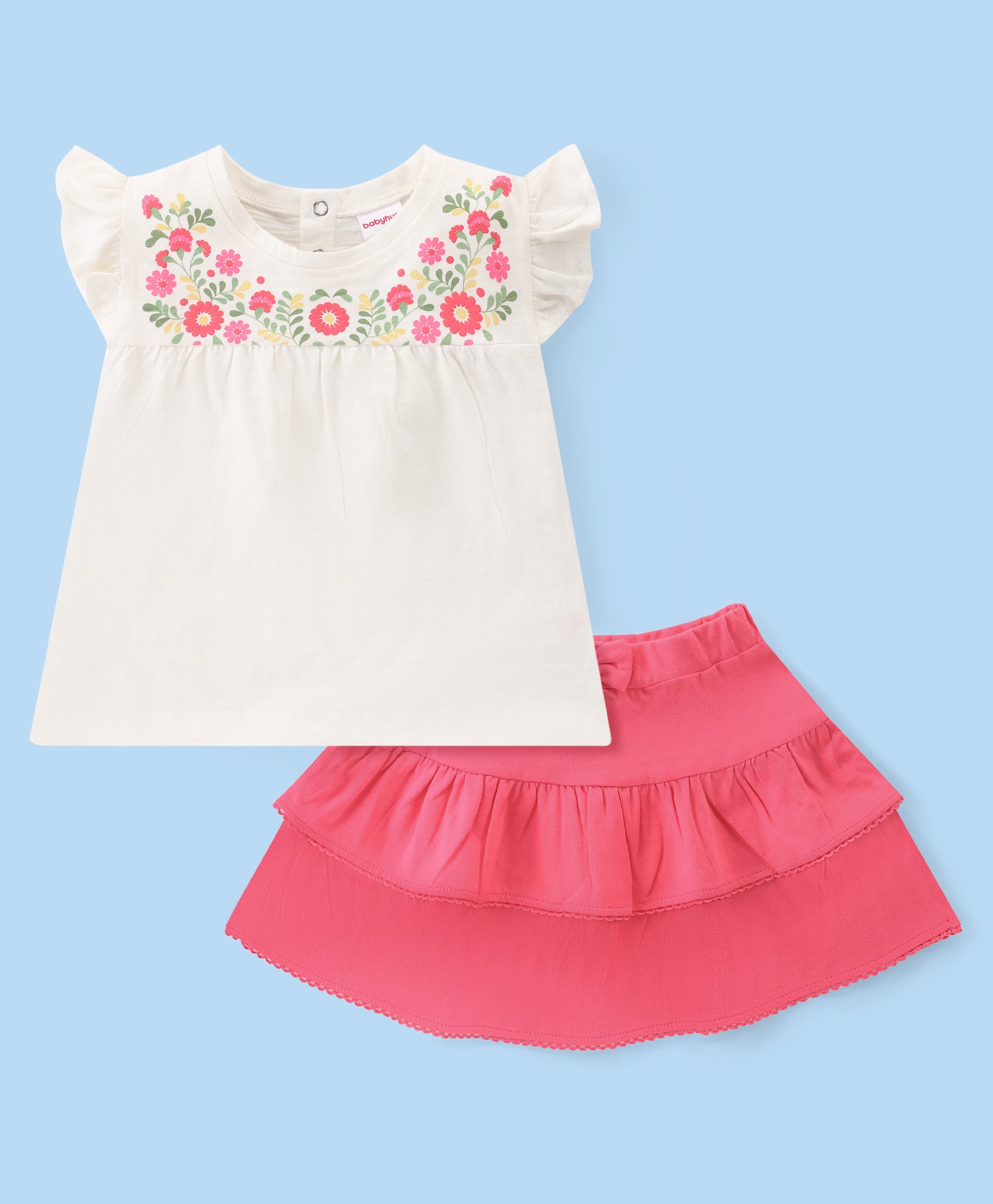 Babyhug Cotton Knit Half Sleeves Floral Print Top & Skirt Set - White & Pink-image-16