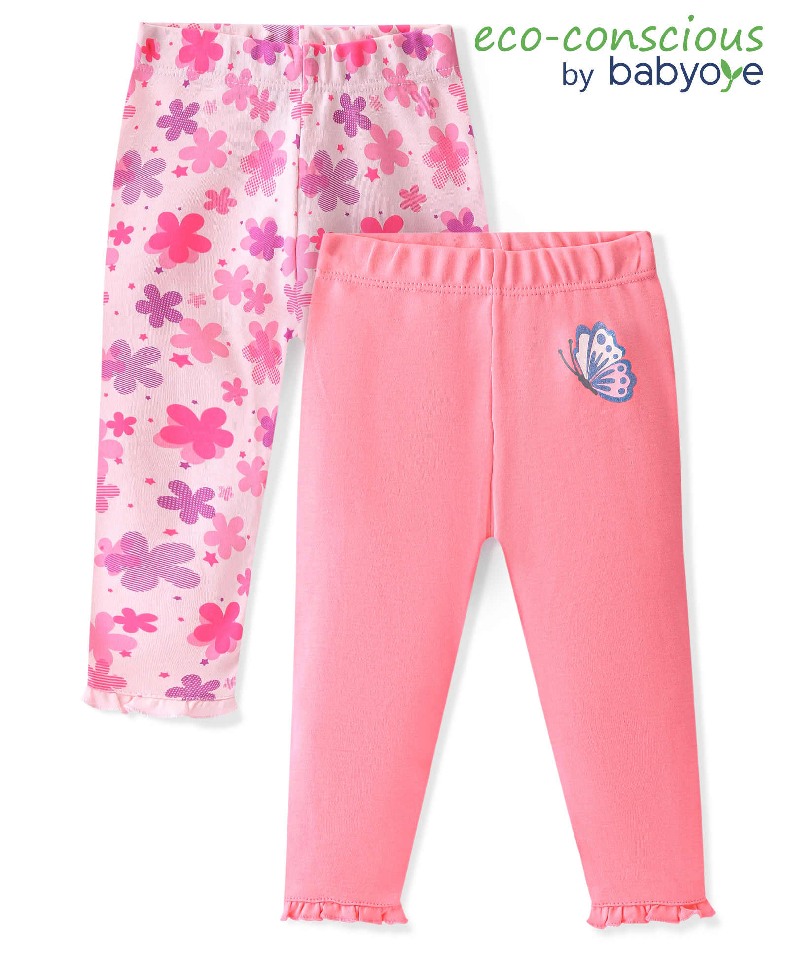 Babyoye 100% Cotton with Eco Jiva Finish Full Length Leggings Floral Print & Solid Pack of 2 - PInk-image-24