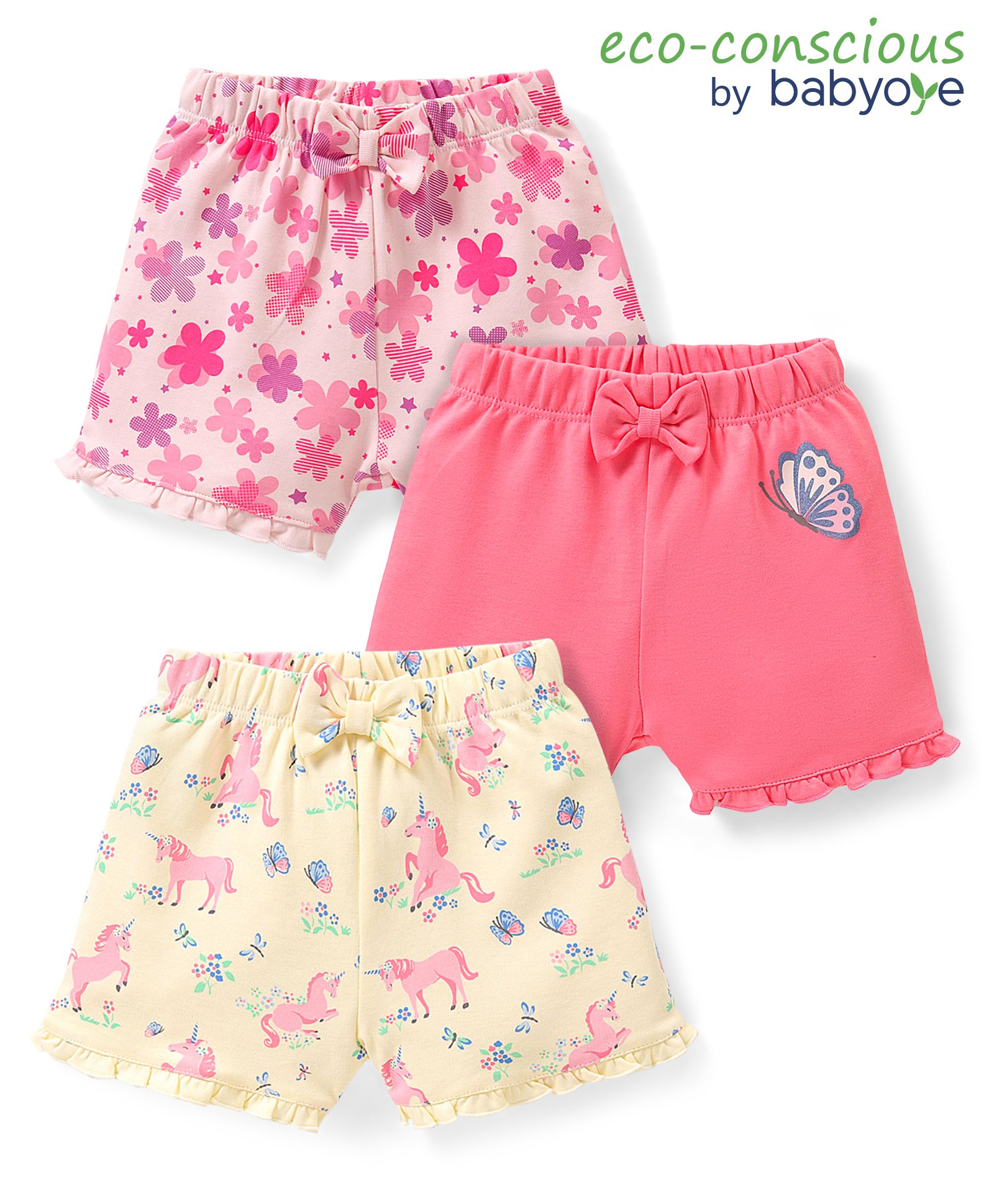 Babyoye Eco Conscious 100% Cotton With Eco Jiva Finish Shorts Floral & Unicorn Print Pack Of 3 - Pink-picture-47