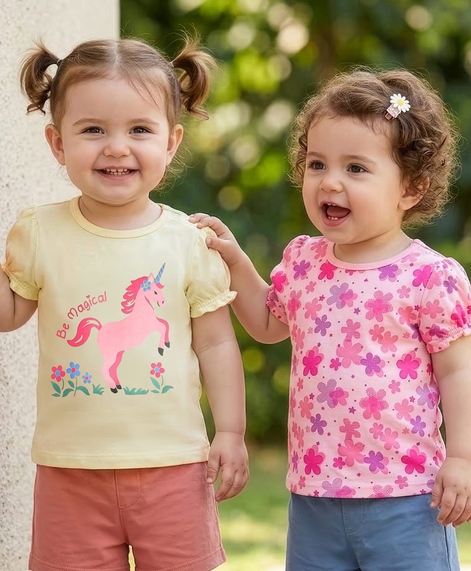Babyoye Eco Conscious 100% Cotton With Eco Jiva Finish Half Sleeves Tops Floral & Unicorn Print - Light Pink & Yellow-picture-13