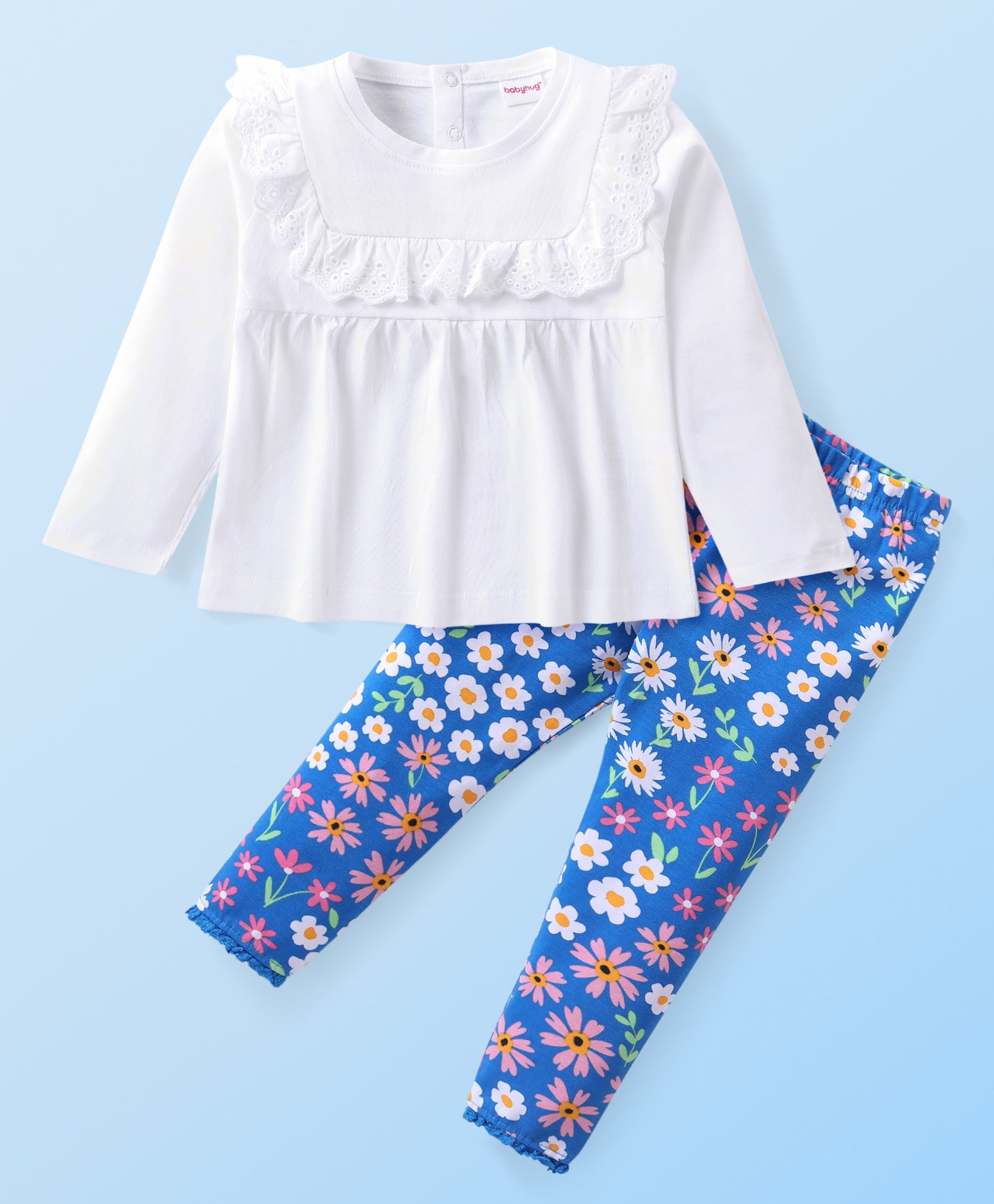 Babyhug Cotton Knit Full Sleeves Top & Floral Printed Pants Set - White & Blue-picture-18