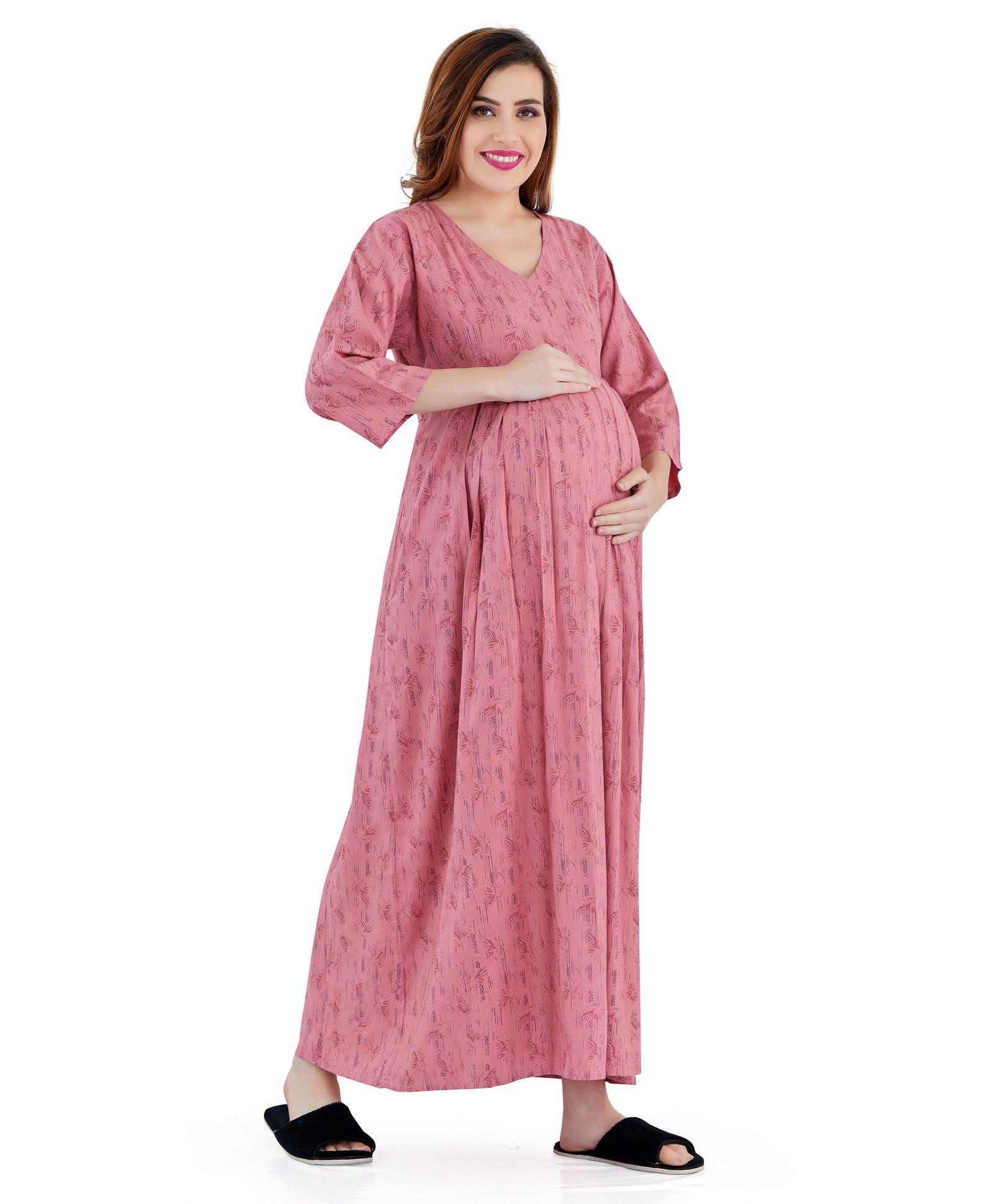 Lovely Mom's Three Fourth Sleeves Leaves Printed A Line Long Dress With Concealed Zipper Nursing Access - Pink