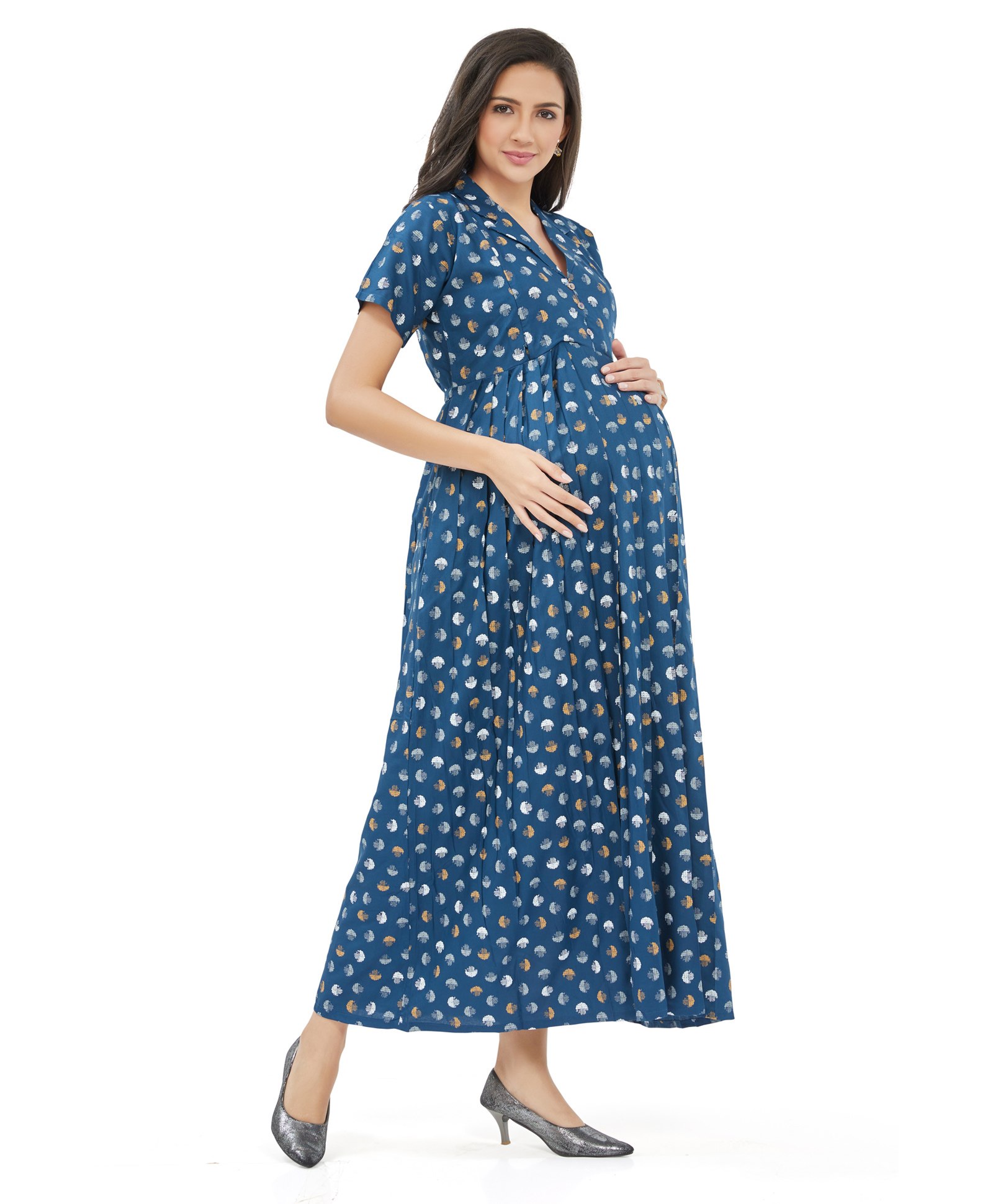 Lovely Mom's  Half Sleeves Abstract Printed A Line Long Dress With Concealed Zipper Nursing Access - Blue-image-46