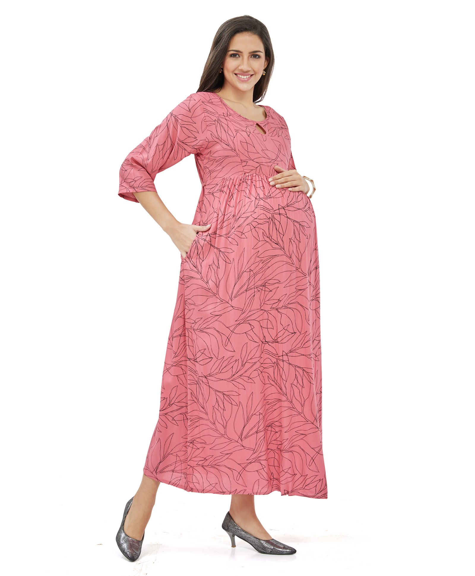 Lovely Mom's Three Fourth Sleeves Leaves Printed A Line Long Dress With Concealed Zipper Nursing Access - Pink-picture-21