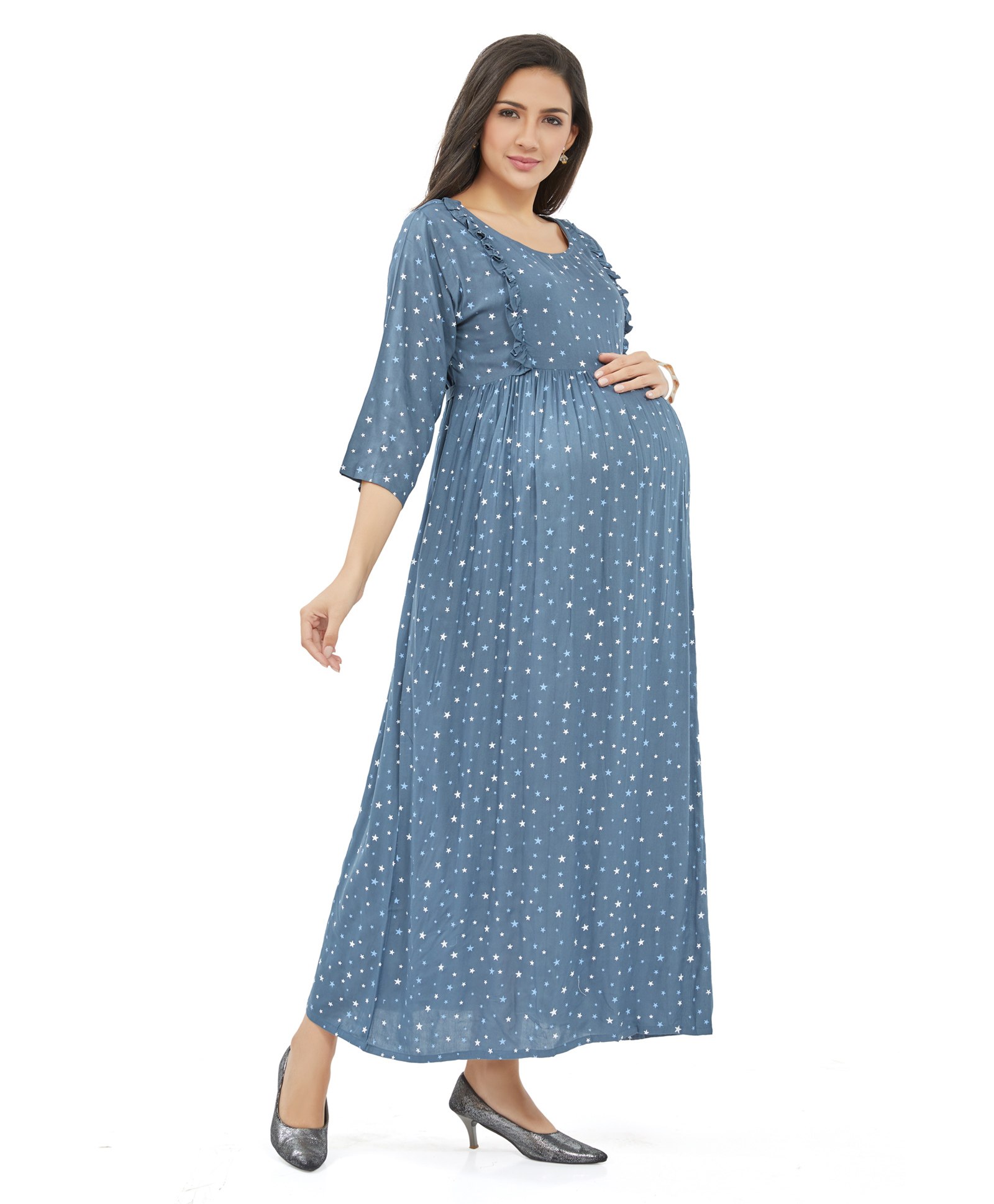 Lovely Mom's Three Fourth Sleeves Star Printed & Frill Detailed  A Line Long Dress With Concealed Zipper Nursing Access - Blue-image-49