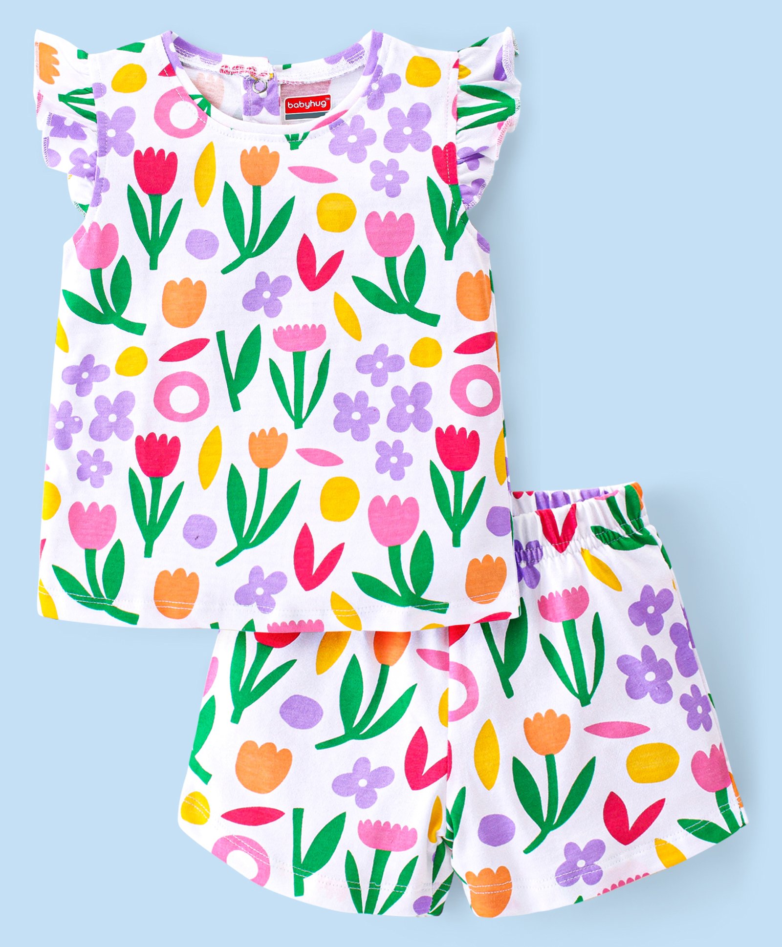 Babyhug Cotton Knit Single Jersey Frill Sleeves Night Suit With Floral Print - White-picture-16