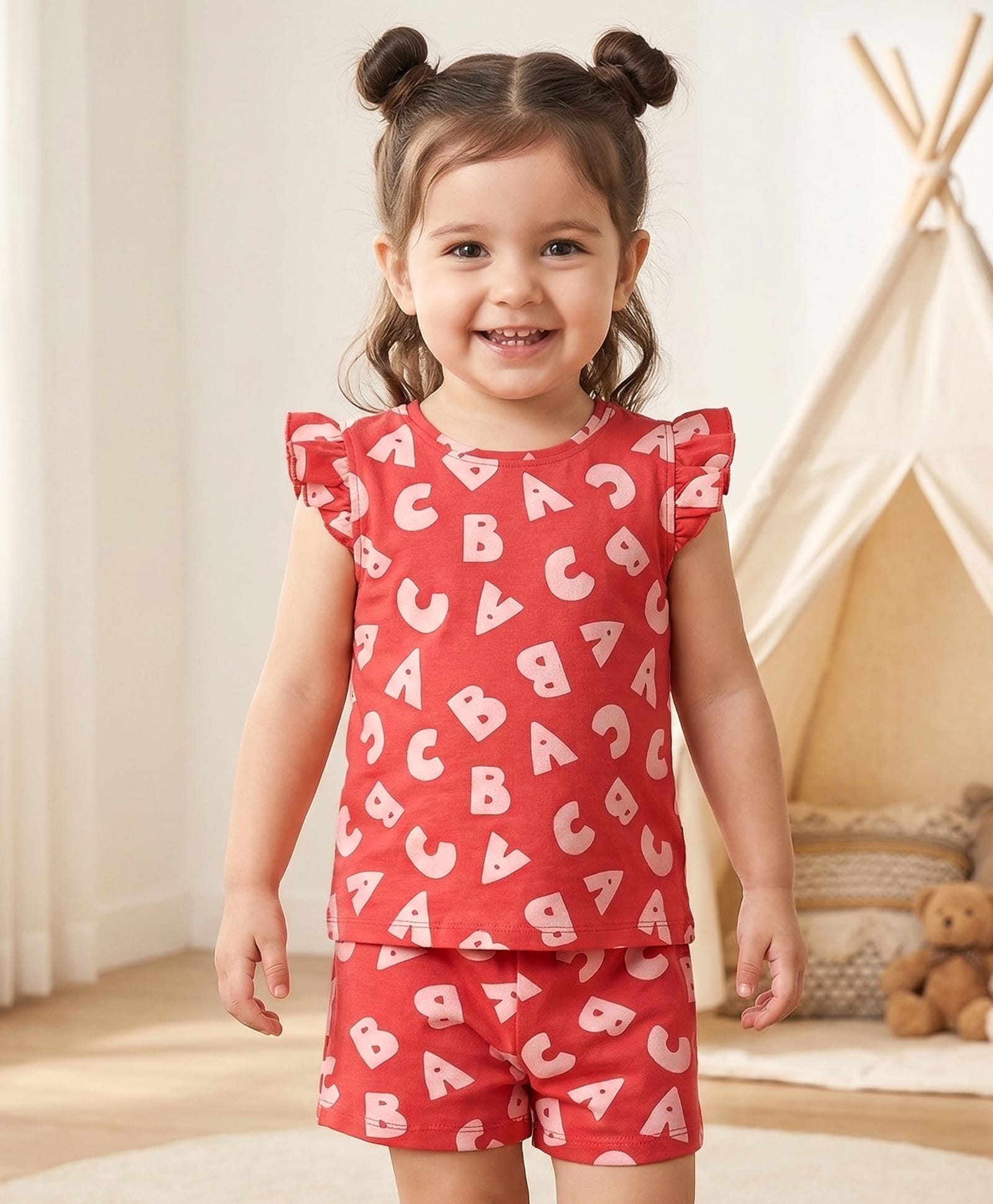 Babyhug Single Jersey Knit Frill Sleeves Night Suit Text Print - Red-image-26