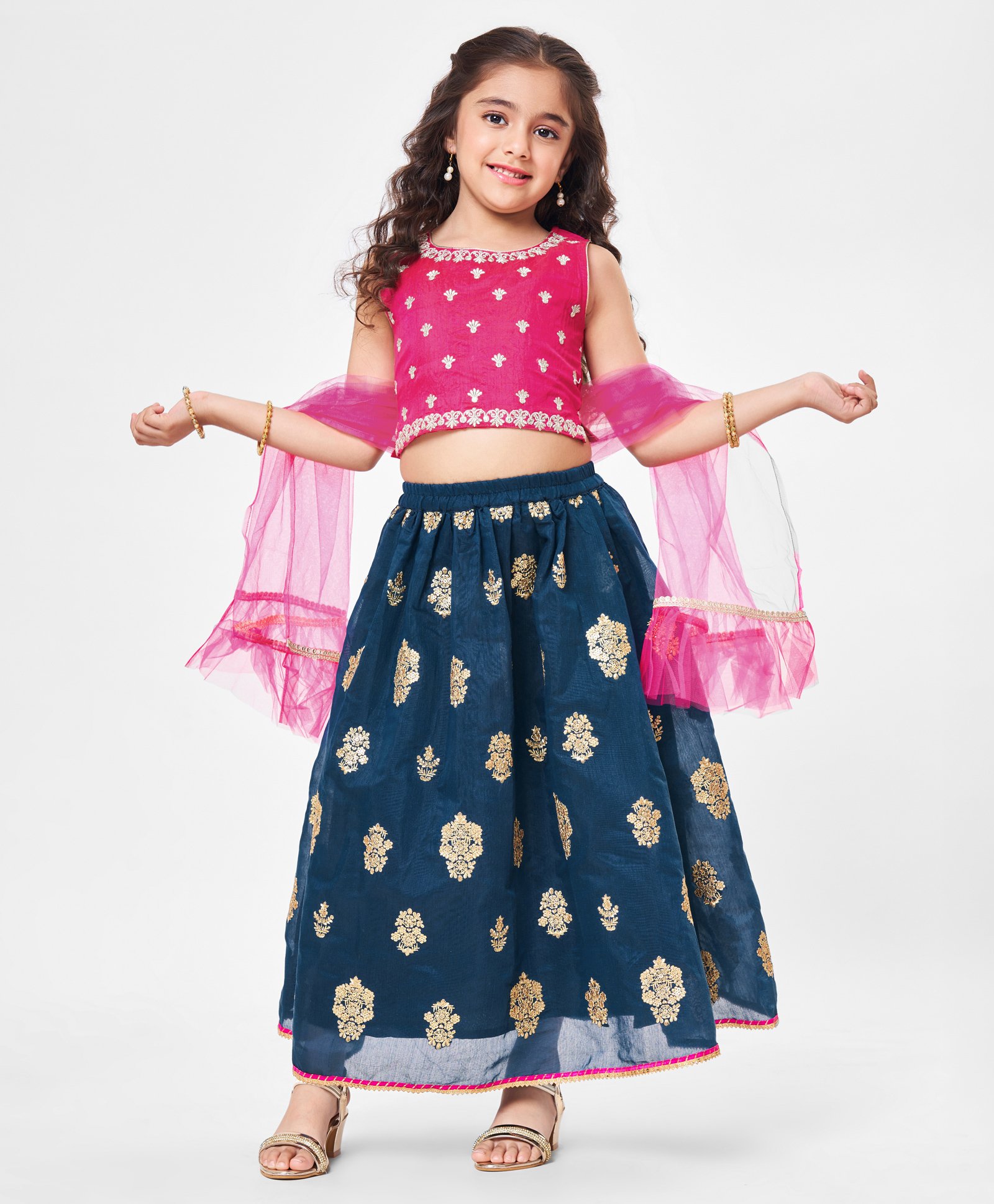 Babyhug Woven Sleeveles Floral Embroidered Choli with Lehenga and Dupatta Set - Teal Blue-image-17