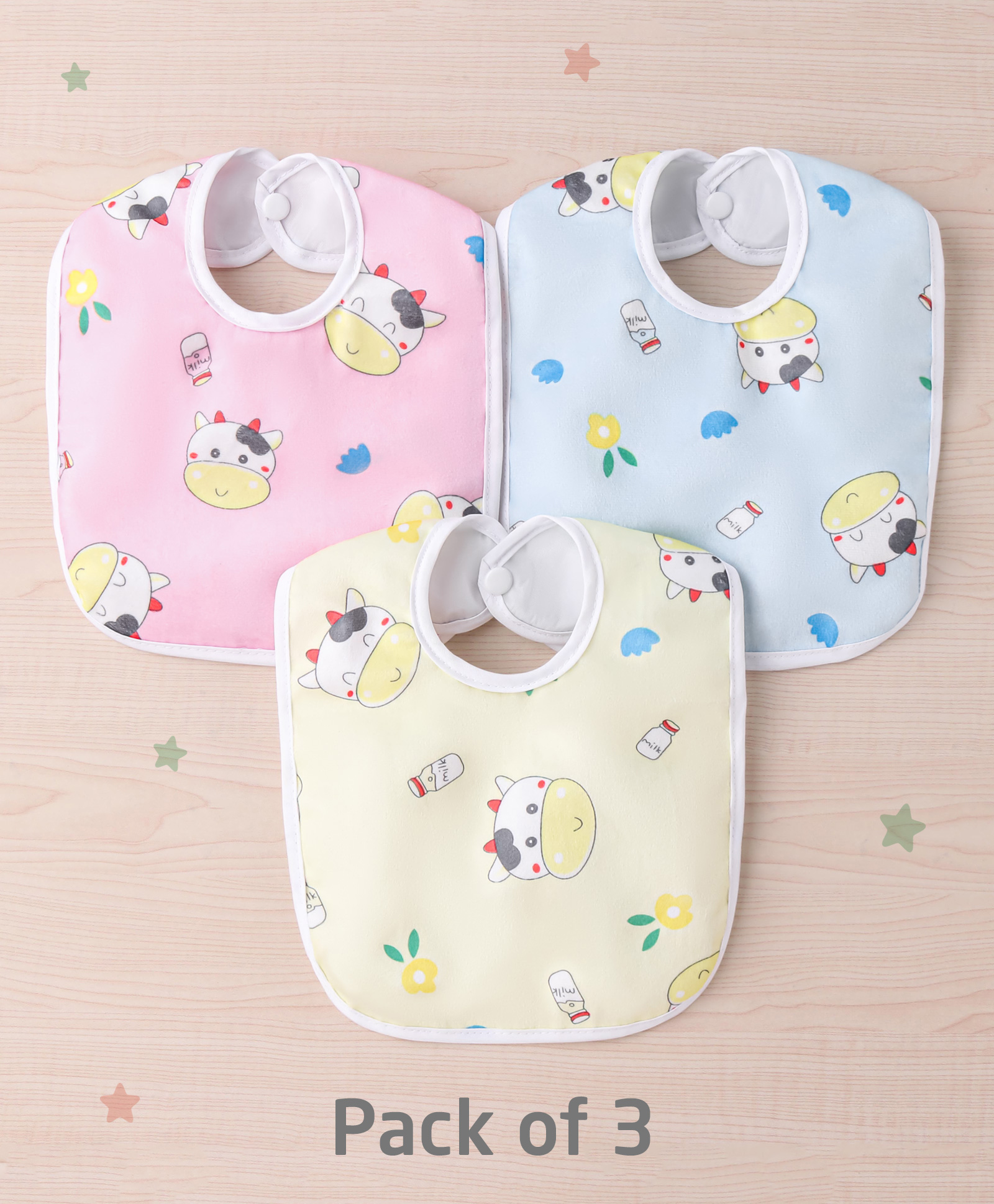Zoe Waterproof Feeding Bibs with Snap Button Closure Cow Print Pack of 3- Multicolour-picture-8