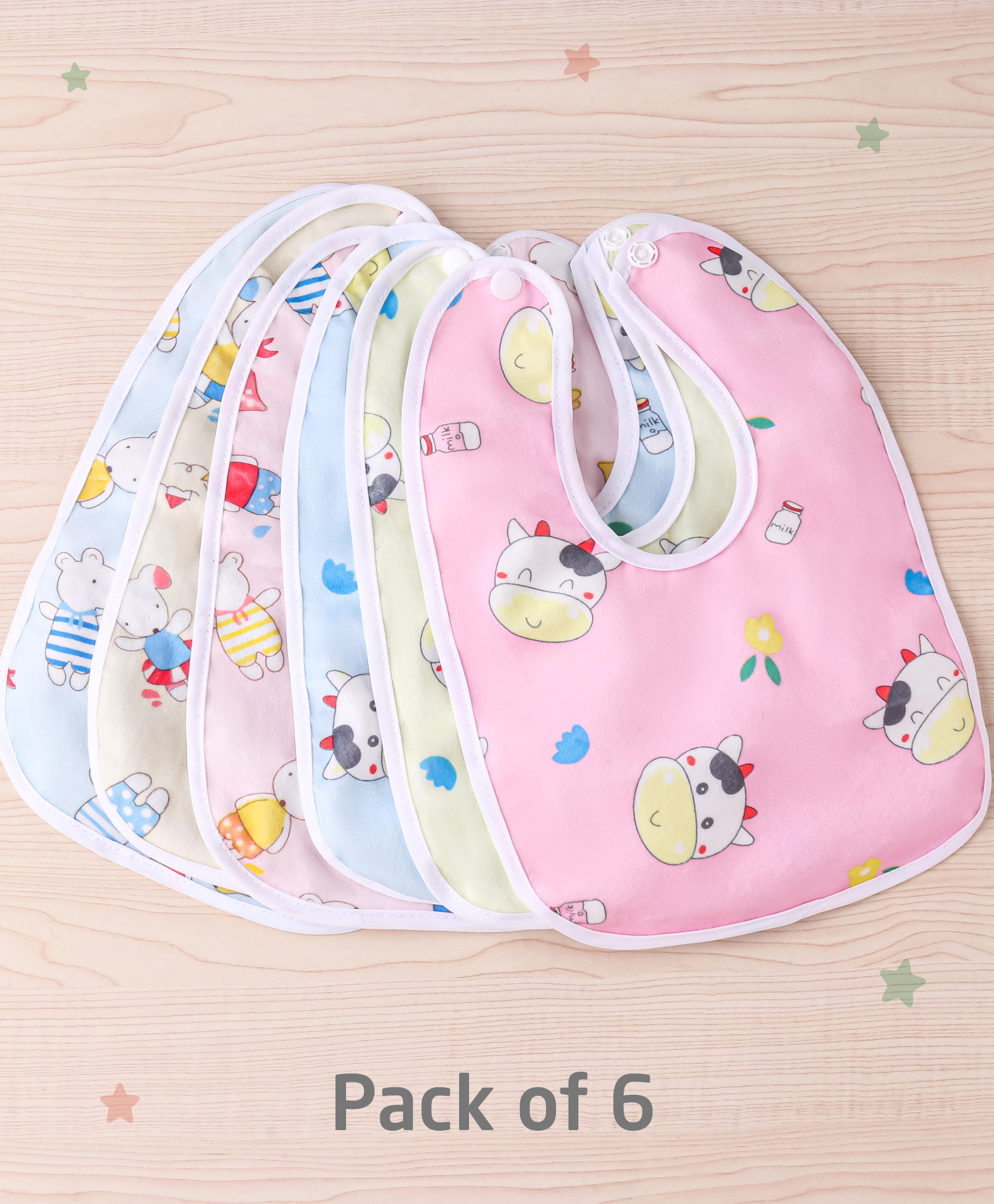 Zoe Waterproof Feeding Bibs with Snap Button Closure Animal Print Pack of 6- Multicolour