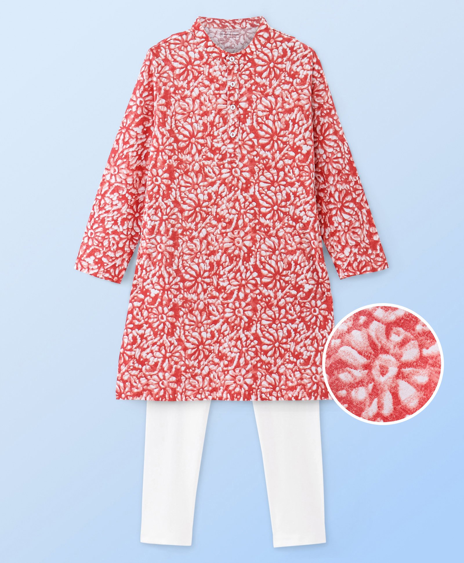 EARTHY TOUCH Single Jersey Knit Full Sleeves  Floral Printed Kurta Payjama Set - Red-picture-16