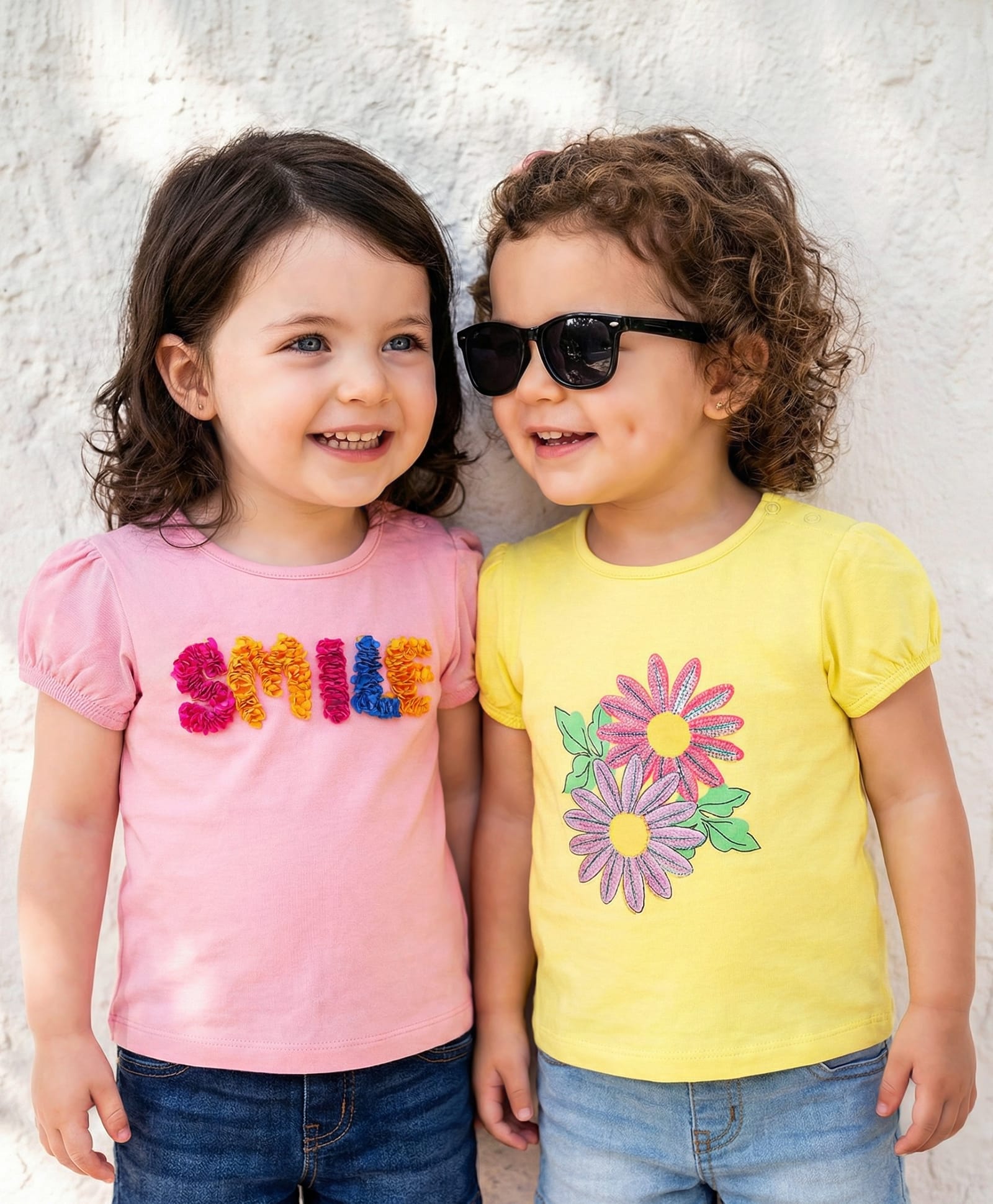 Babyoye Cotton Puffed Half Sleeves Top Sequinned Flower & Text Pack of 2 - Yellow & Light Pink-image-4
