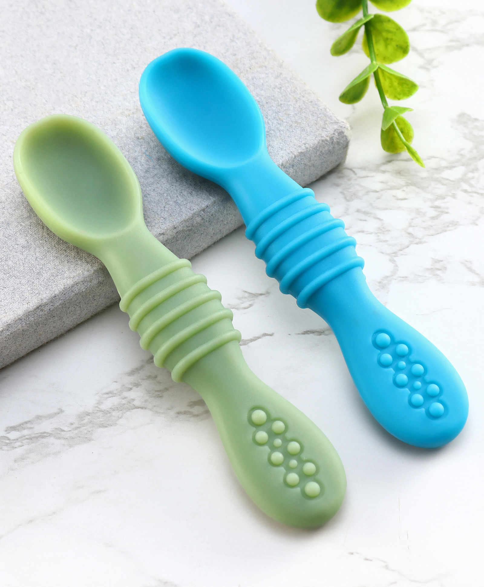 Babyhug Silicone Spoon with Flexible Soft Tip - Green & Blue-picture-15