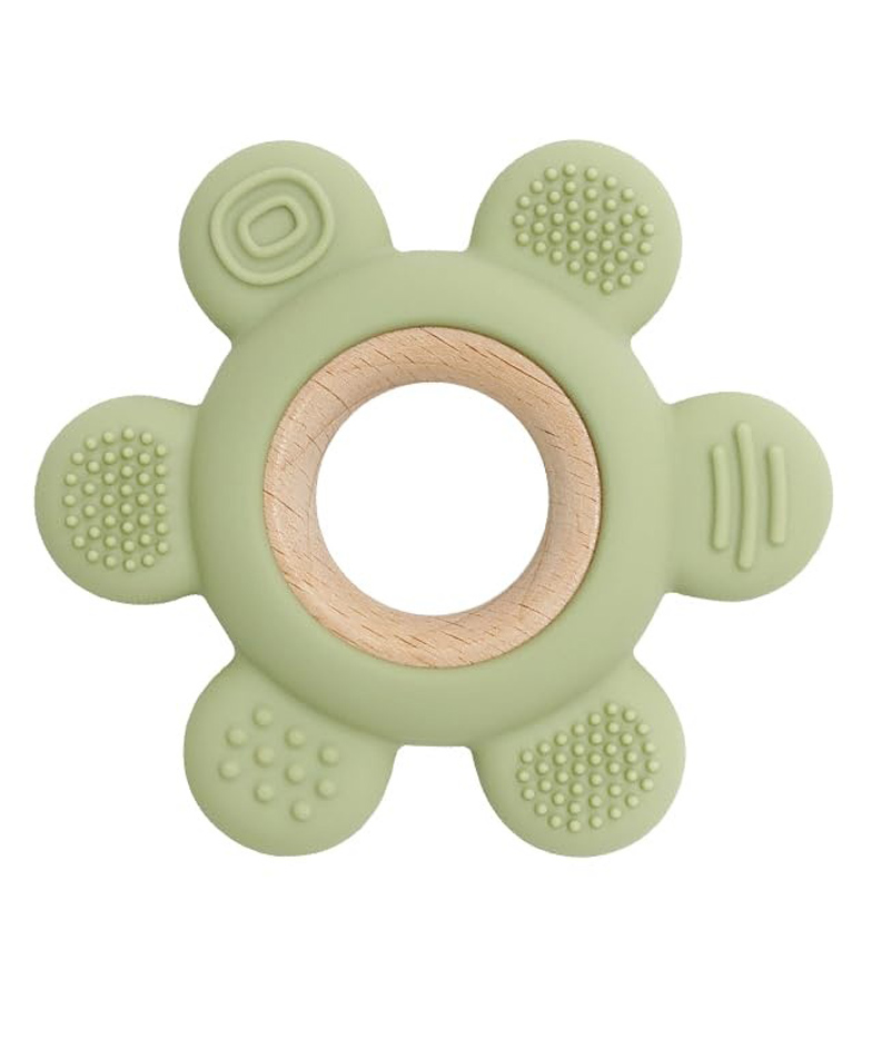 Playbox Wooden Flower Teether in Assorted Colours, Baby Teething Toys Silicone Teethers BPA Free Silicone Rudder with Wooden Ring Soothe Babies Gums-picture-20