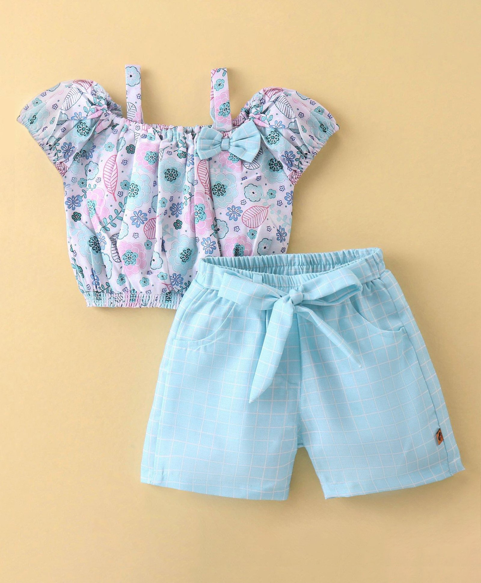 Dew Drops Poplin Woven Half Sleeves Top & Shorts Set with Floral Print & Bow Applique - Aqua Blue-picture-19