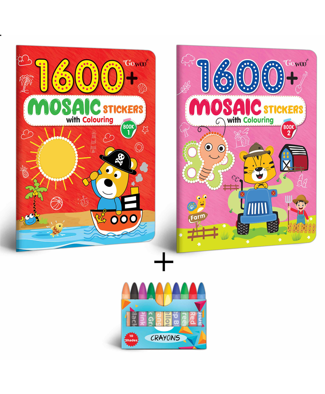 gowoo 1600 MOSAIC STICKERS WITH COLOURING - BOOK 1& 2 with 10 WAX CRAYONS| Discover, Create, Color: Mosaic Marvels-picture-11