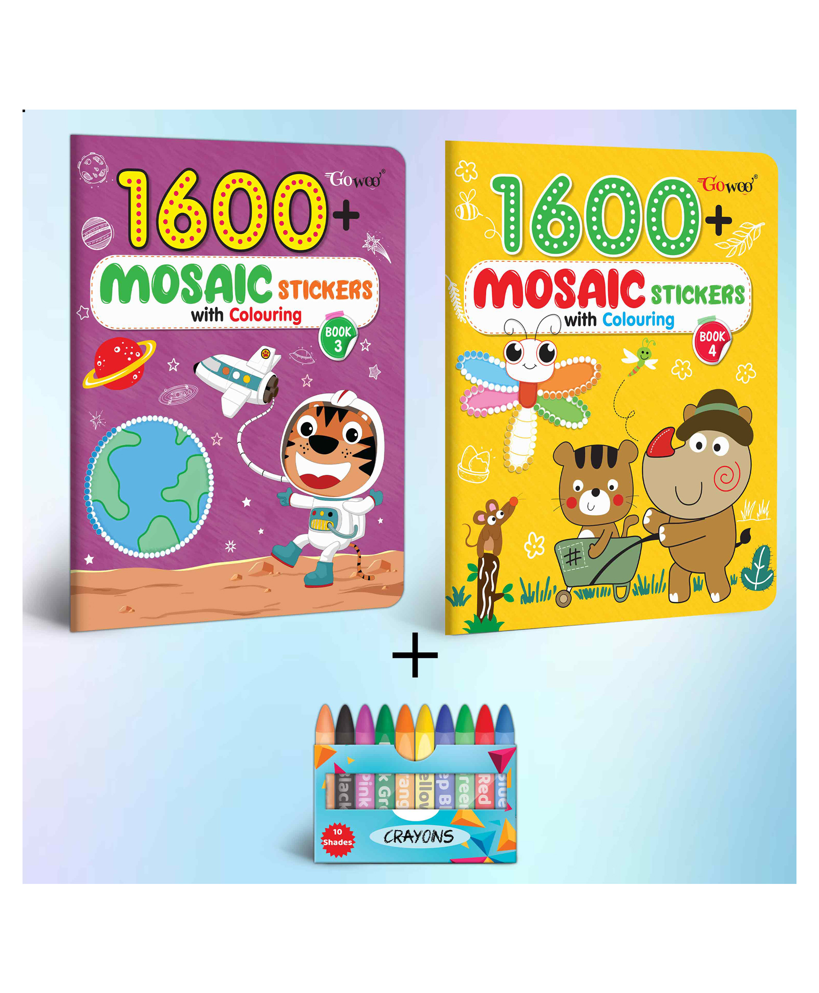 gowoo 1600 MOSAIC STICKERS WITH COLOURING - BOOK 3 & 4 with  10 WAX CRAYONS |Combo of 2 | Mosaic Marvels: Creative Adventures Combo-picture-10