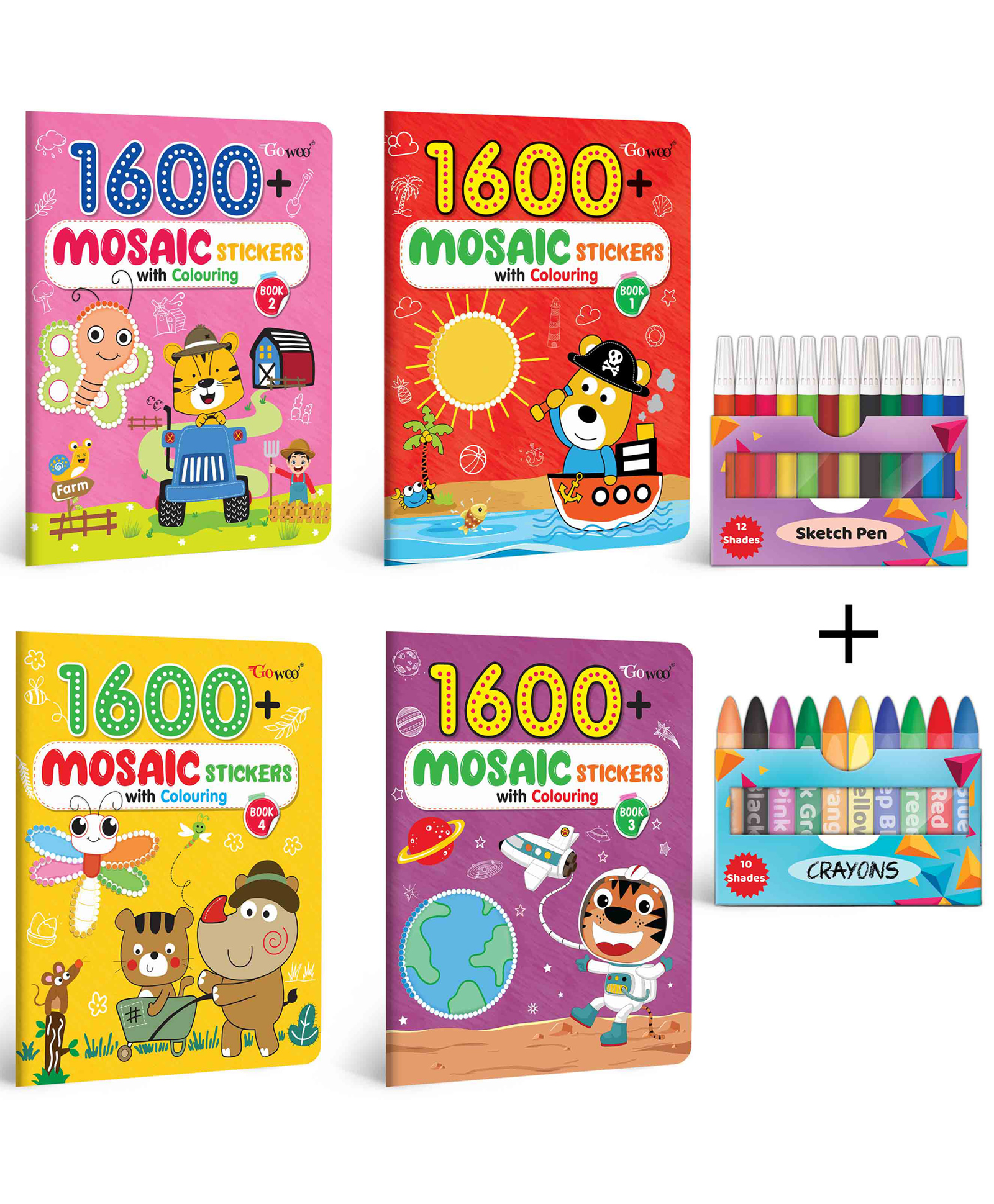 gowoo 1600 MOSAIC STICKERS WITH COLOURING - BOOK 1, 2, 3 & 4 with 10 WAX CRAYONS and 12 WATER COLOUR SKETCH PEN |Combo of 4 | "Artistic Adventures: Mosaic Marvels Collection"-picture-12