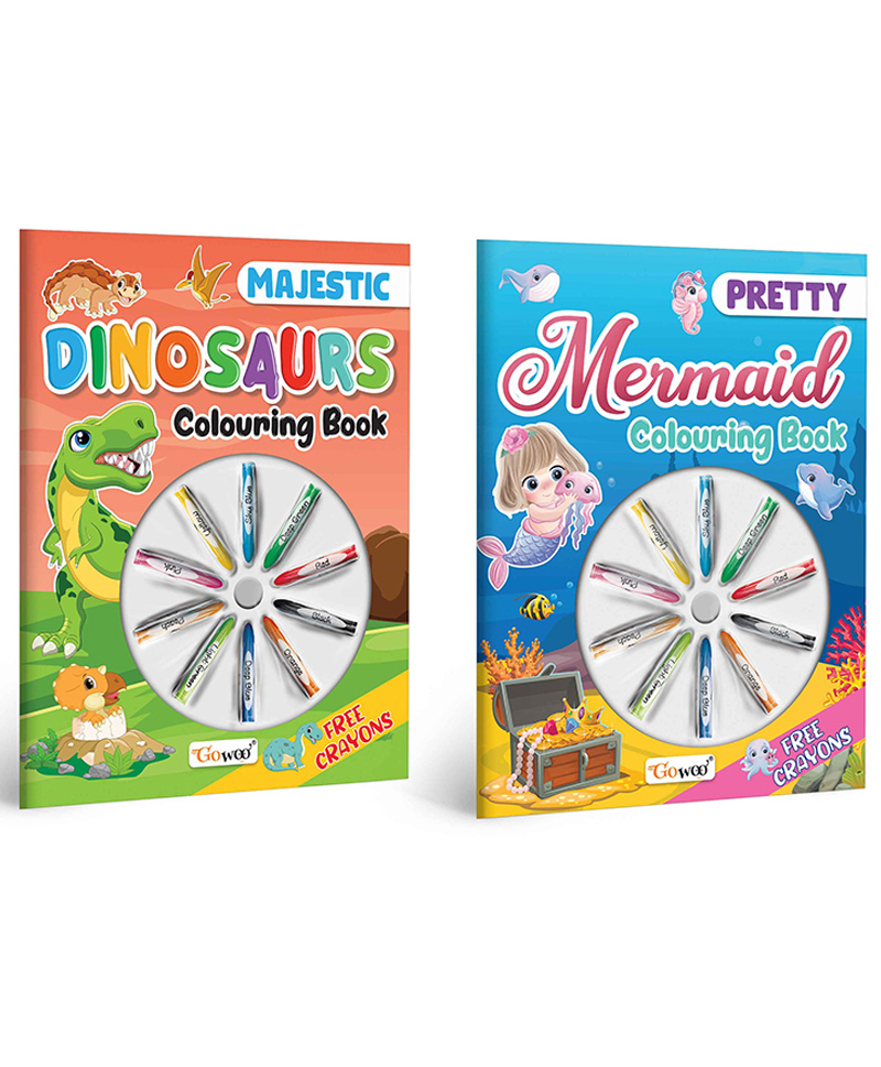 Pretty Mermaid Colouring Book &  Majestic Dinosaur Colouring Book With Crayons | Combo of 2 |Mermaid Magic & Dino Discovery Coloring Set-image-14