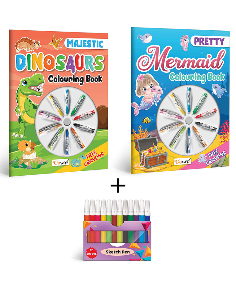 Pretty Mermaid Colouring Book , Majestic Dinosaur Colouring Book With Crayons & 12 WATER COLOUR SKETCH PEN |Combo of 2 | Enchanting Duo Delight-image-26