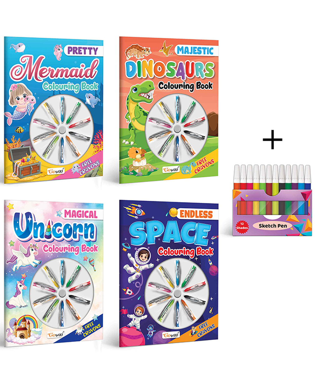 Magical Unicorn Colouring Book , Endless Space Colouring Book , Pretty Mermaid Colouring Book , Majestic Dinosaur Colouring Book With Crayons and 12 WATER COLOUR SKETCH PEN |Combo of 4 |Mystical Coloring Odyssey-image-40
