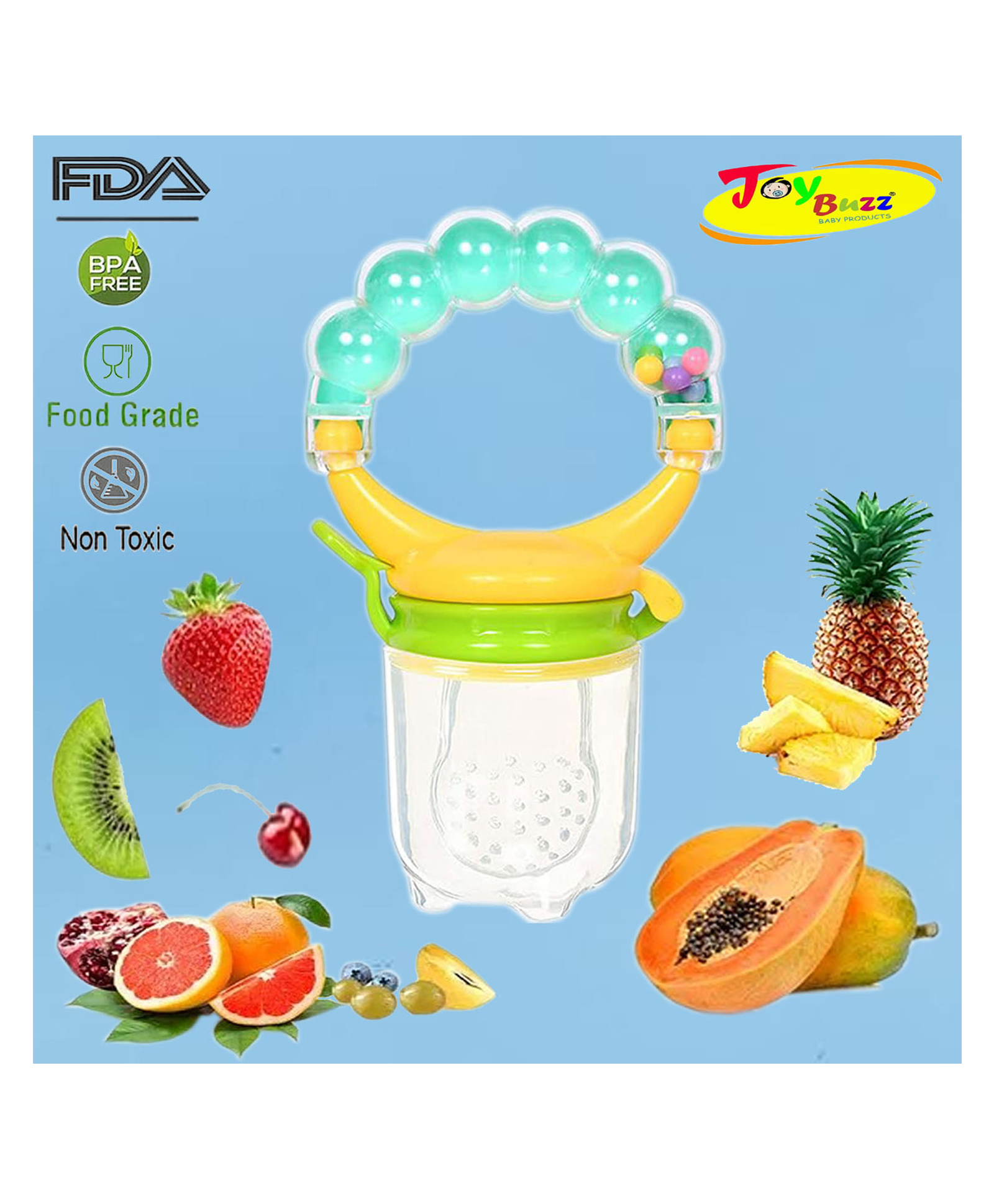 Joy Buzz Rattle style Food & Fruit Nibbler Cum Pacifier  - Green-picture-43