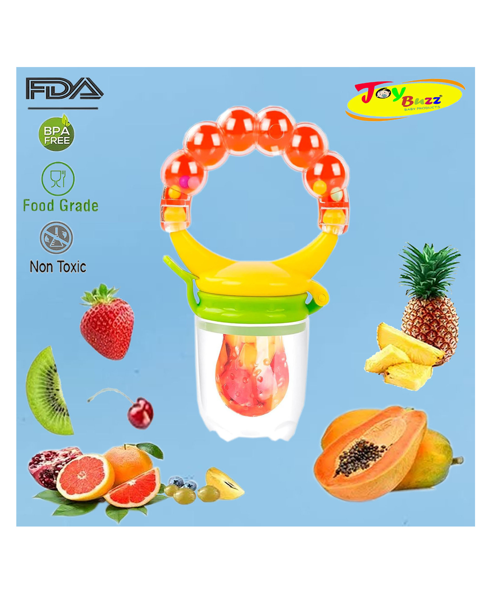 Joy Buzz Rattle style Food & Fruit Nibbler Cum Pacifier  - Orange-picture-13