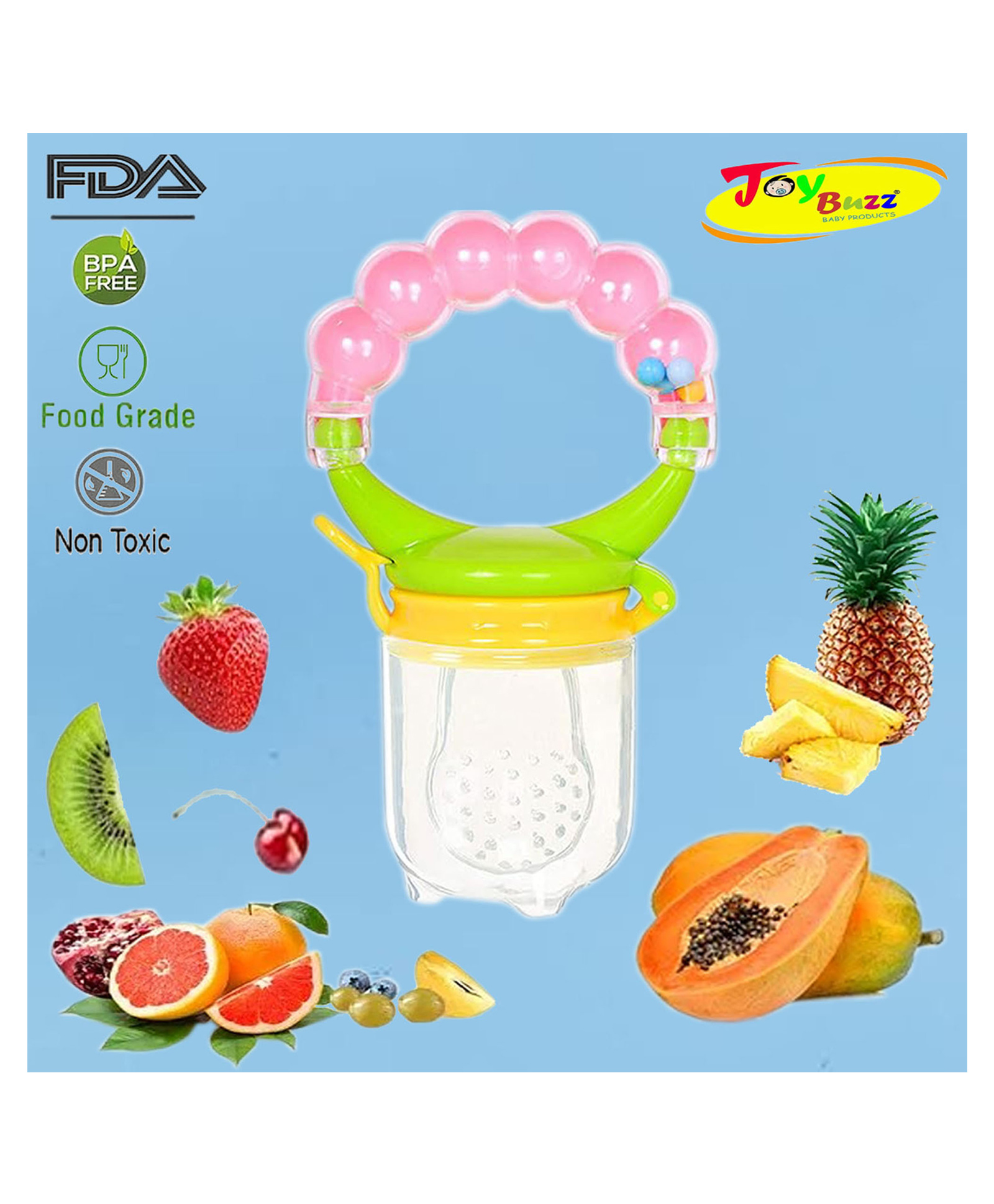 Joy Buzz Rattle style Food & Fruit Nibbler Cum Pacifier - Pink-picture-44