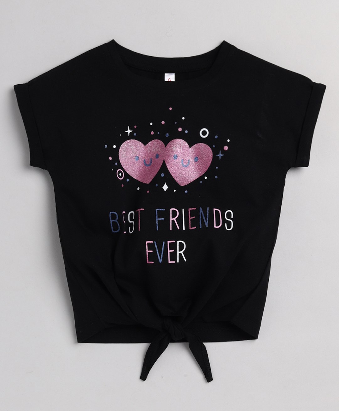 giniekids Half Sleeves Hearts & Best Friends Forever Text Printed Cotton Top - Black