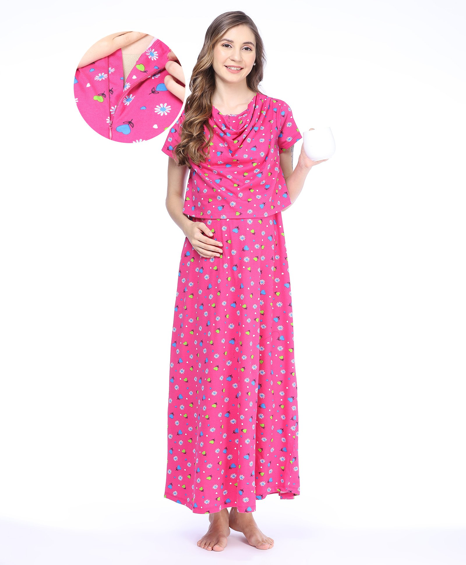 Bella Mama 100% Cotton Knit Half Sleeves Concealed Zipper Nursing Nighty Floral & Heart Print - Pink-picture-27