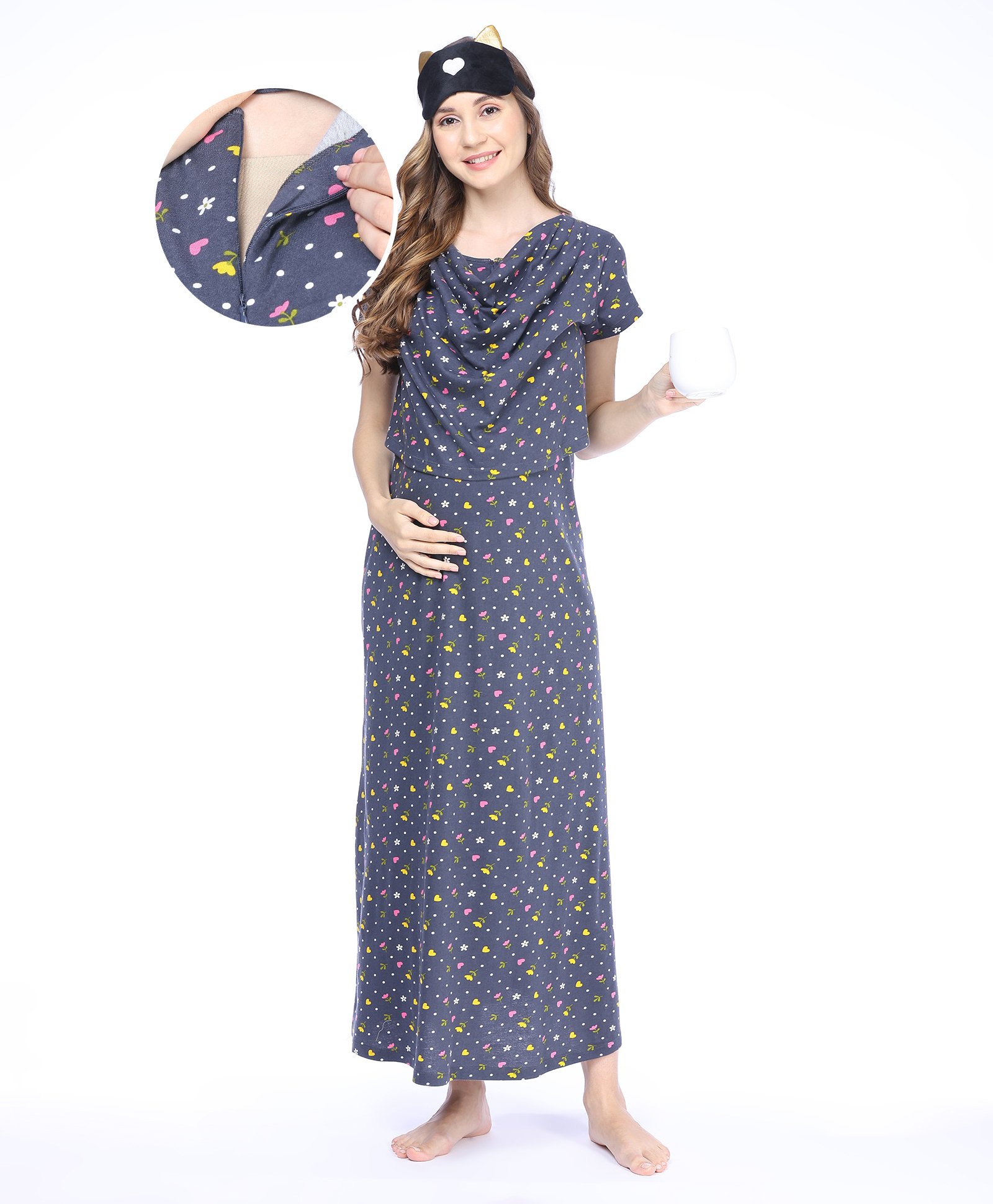 Bella Mama 100% Cotton Knit Half Sleeves Nighty with Concealed Zipper Floral Print - Grey-picture-40