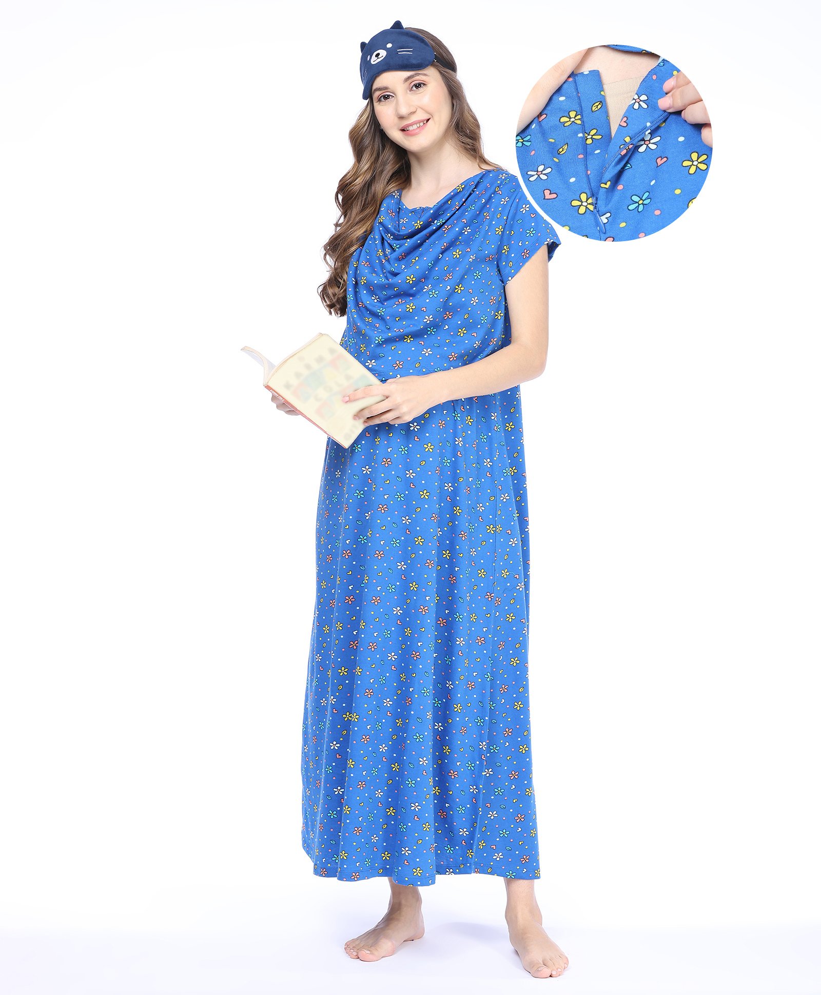 Bella Mama 100% Cotton Knit Half Sleeves Nighty with Concealed Zipper Floral Print - Blue-picture-30